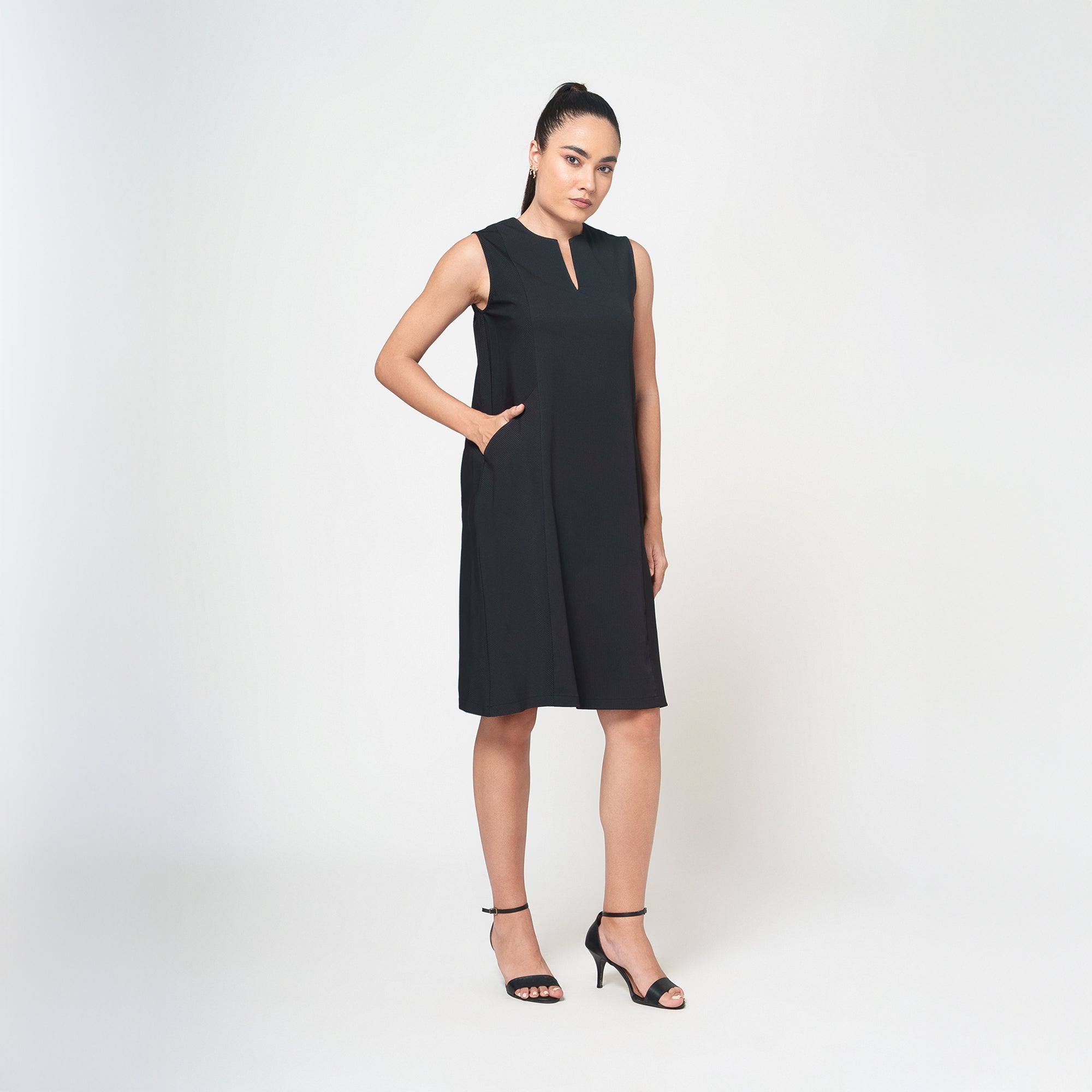 Black Textured Dress With Pockets