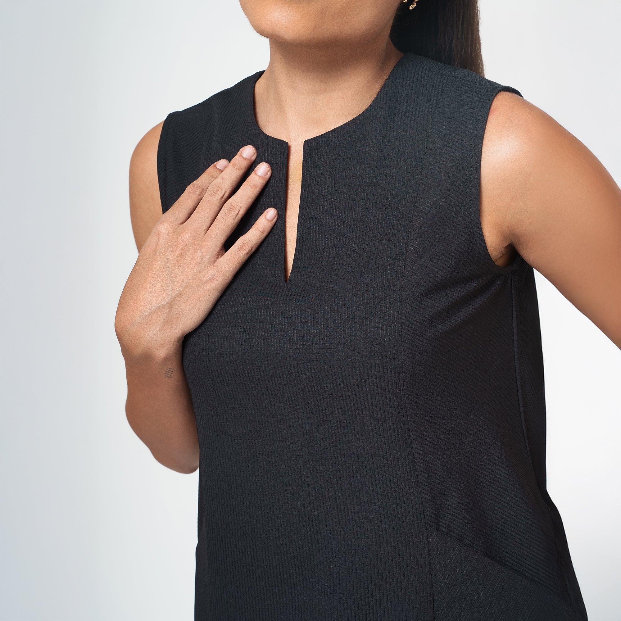 Black Textured Dress With Pockets