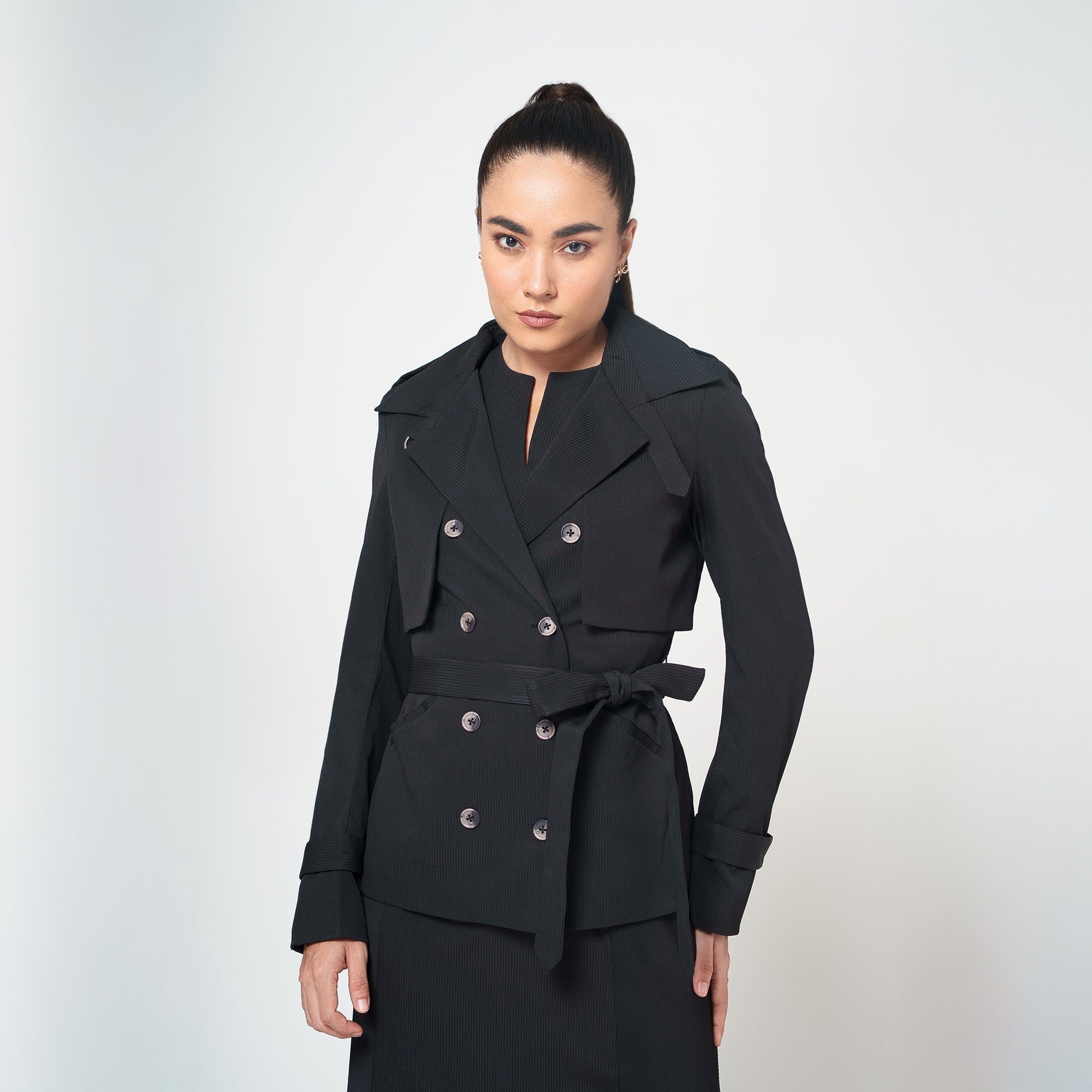 Black Texture Flap Overlap Jacket With Belt