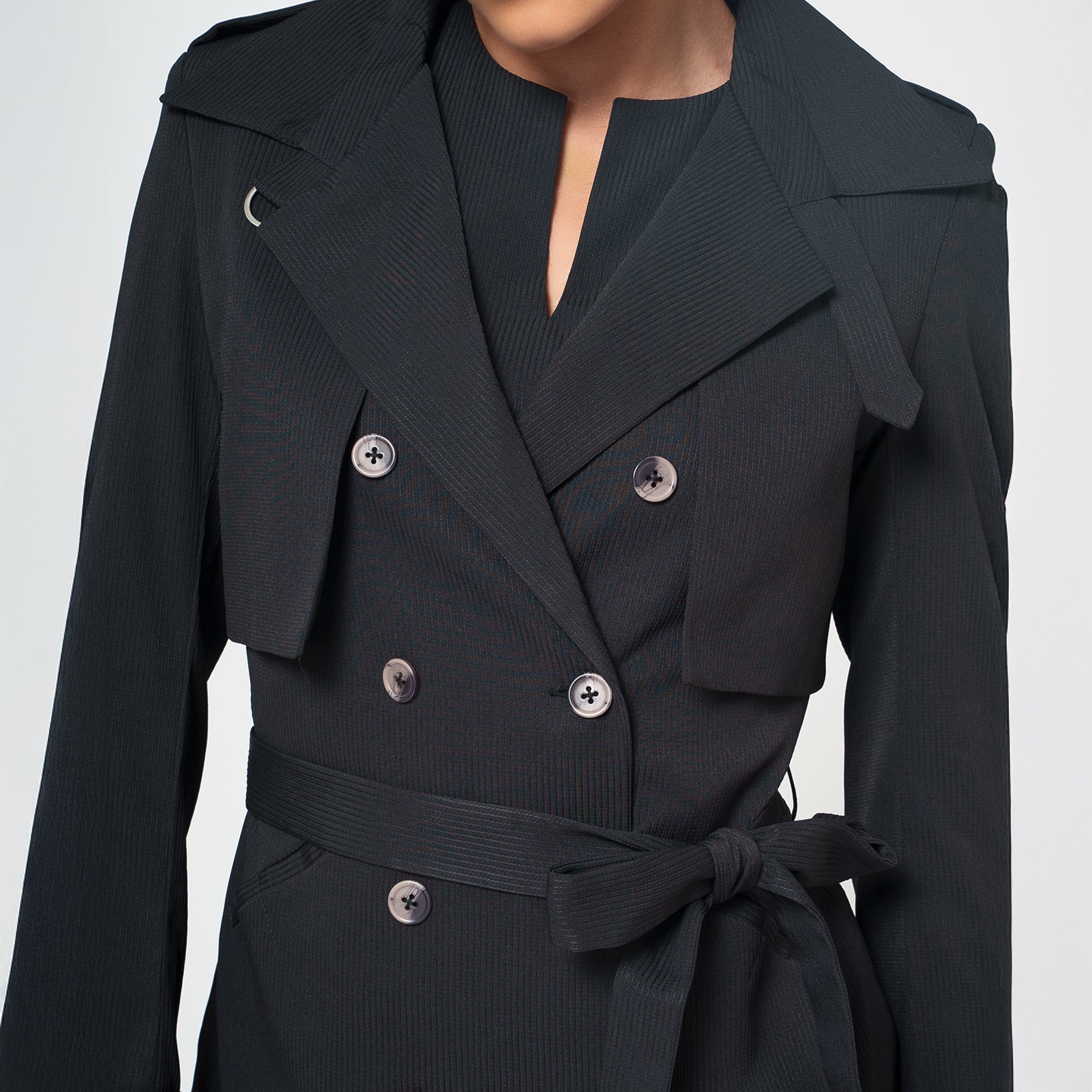 Black Texture Flap Overlap Jacket With Belt