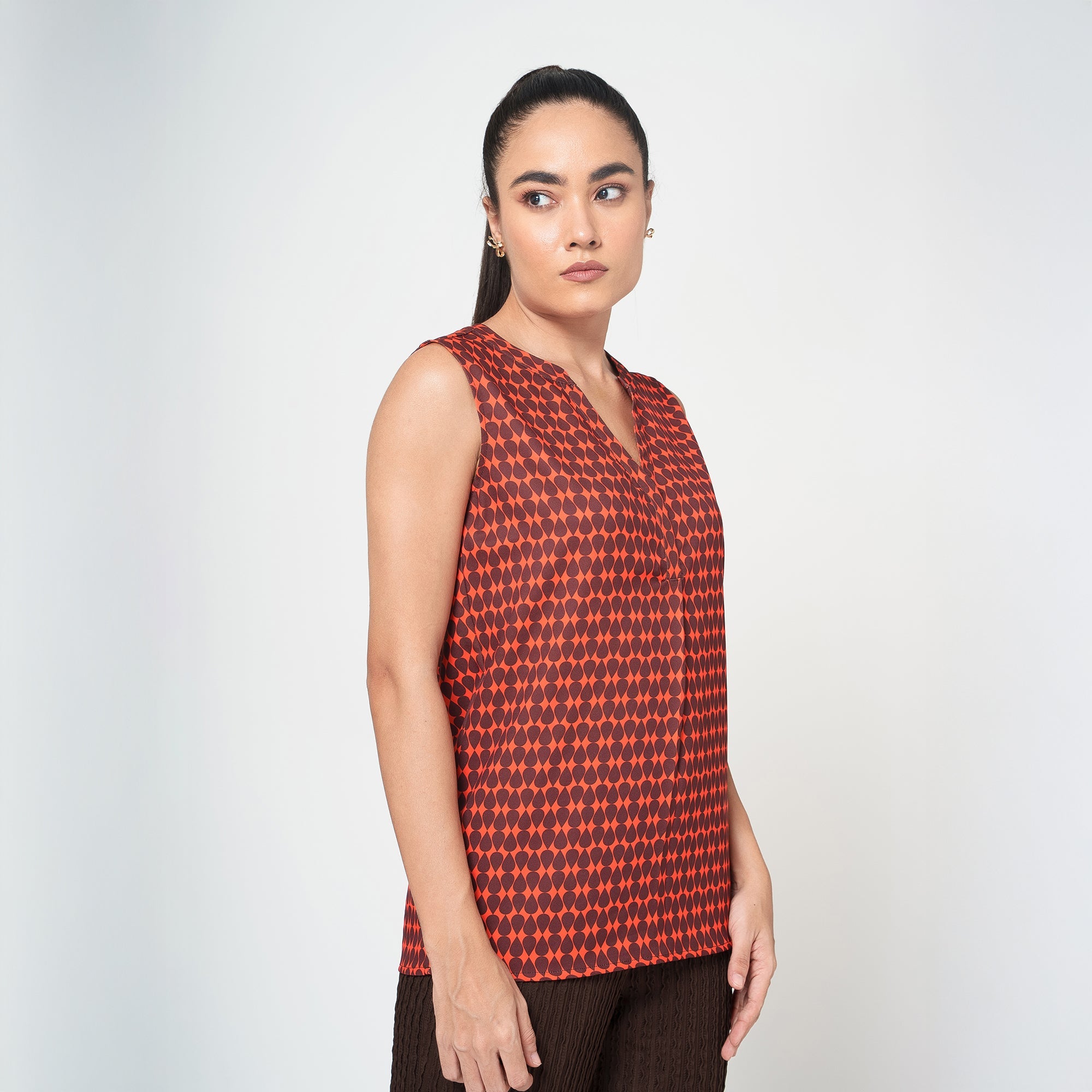 Orange and Brown Drop Print Crepe Top