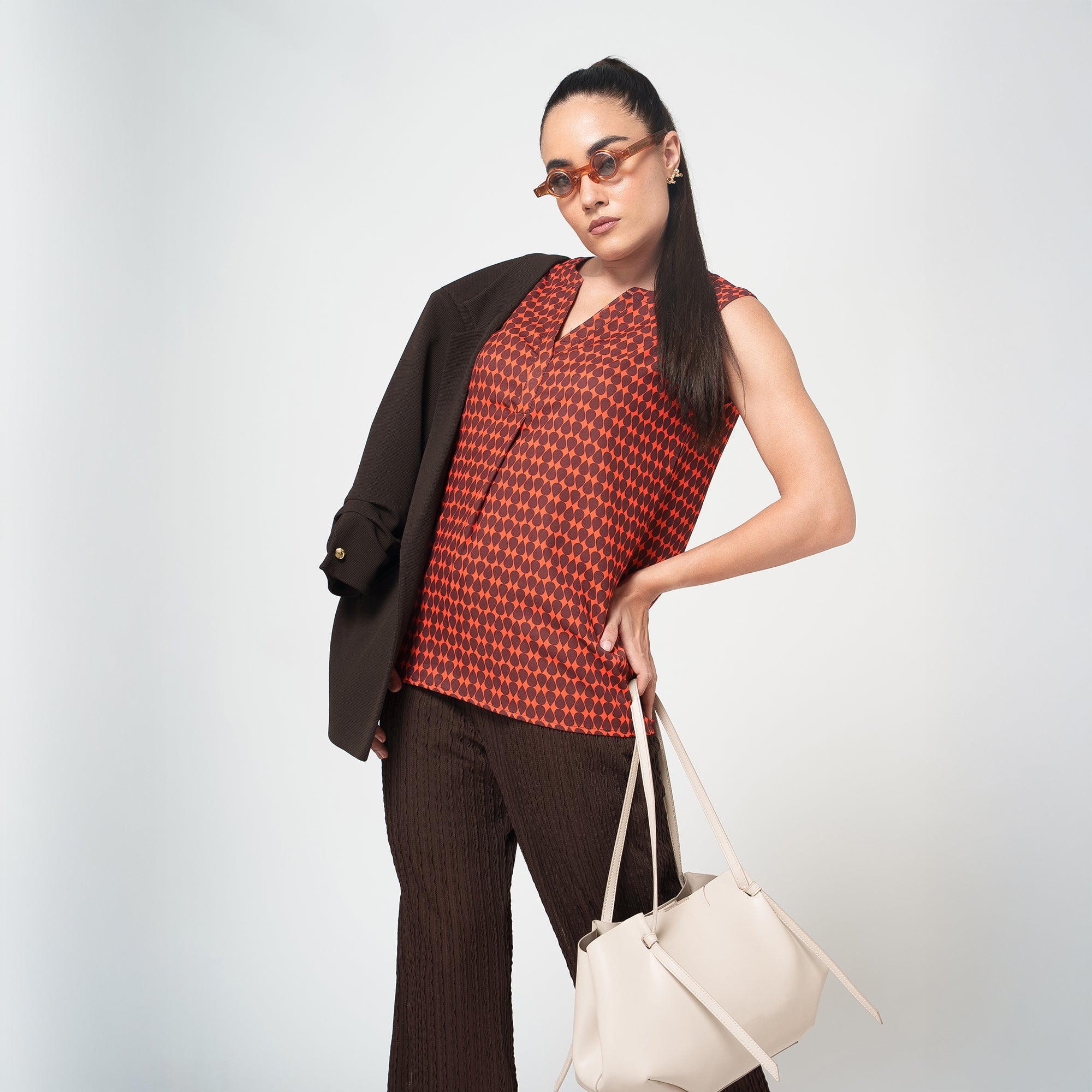 Orange and Brown Drop Print Crepe Top