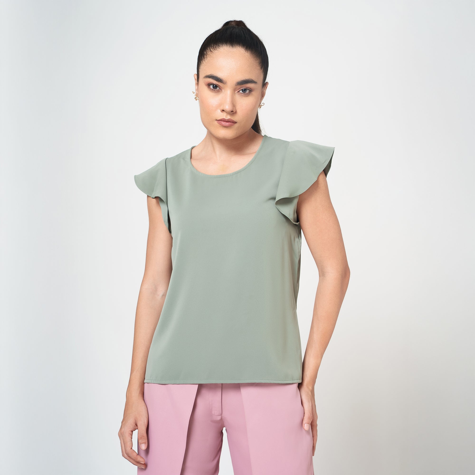 Dusty Green Top with frill on sleeve