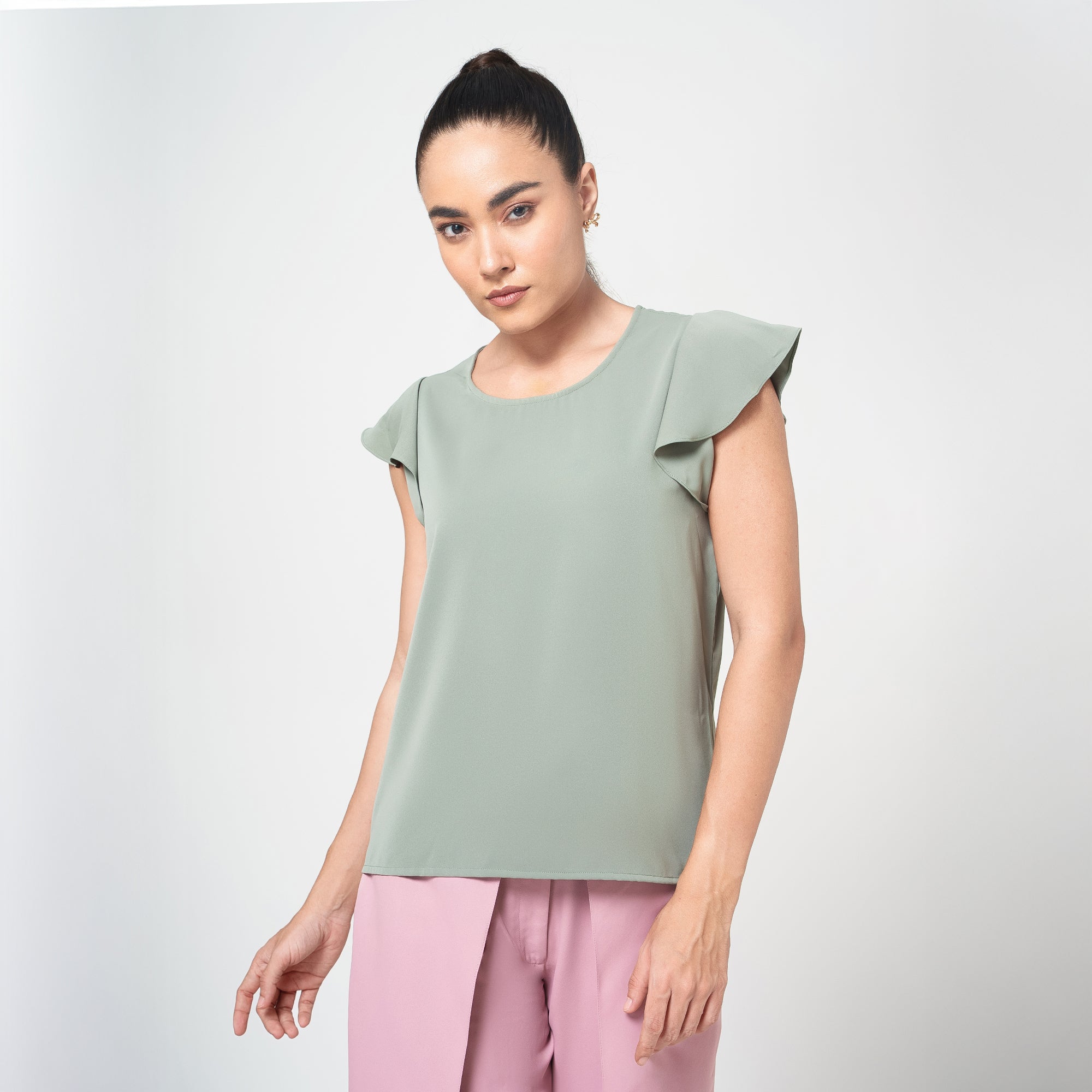 Dusty Green Top with frill on sleeve