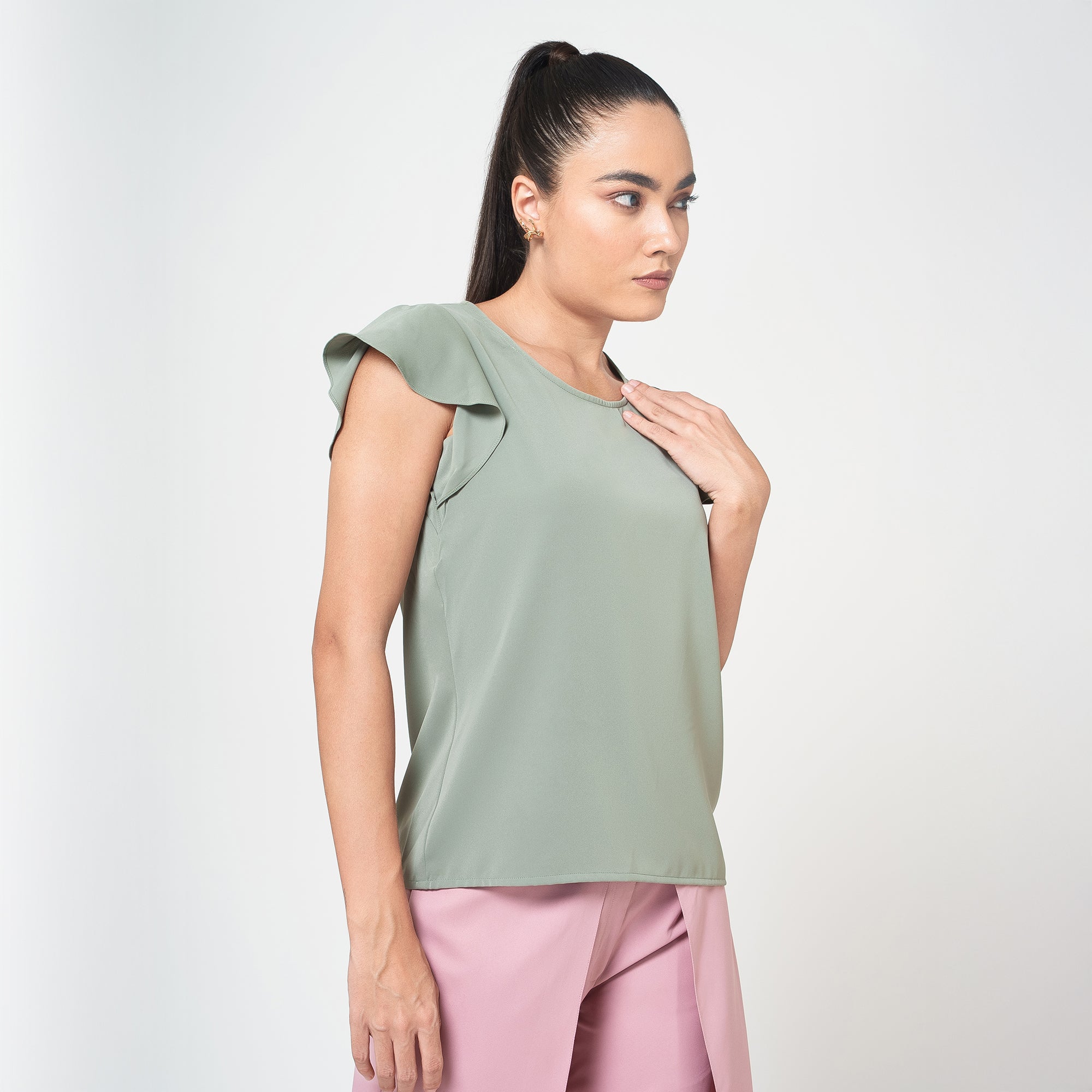 Dusty Green Top with frill on sleeve
