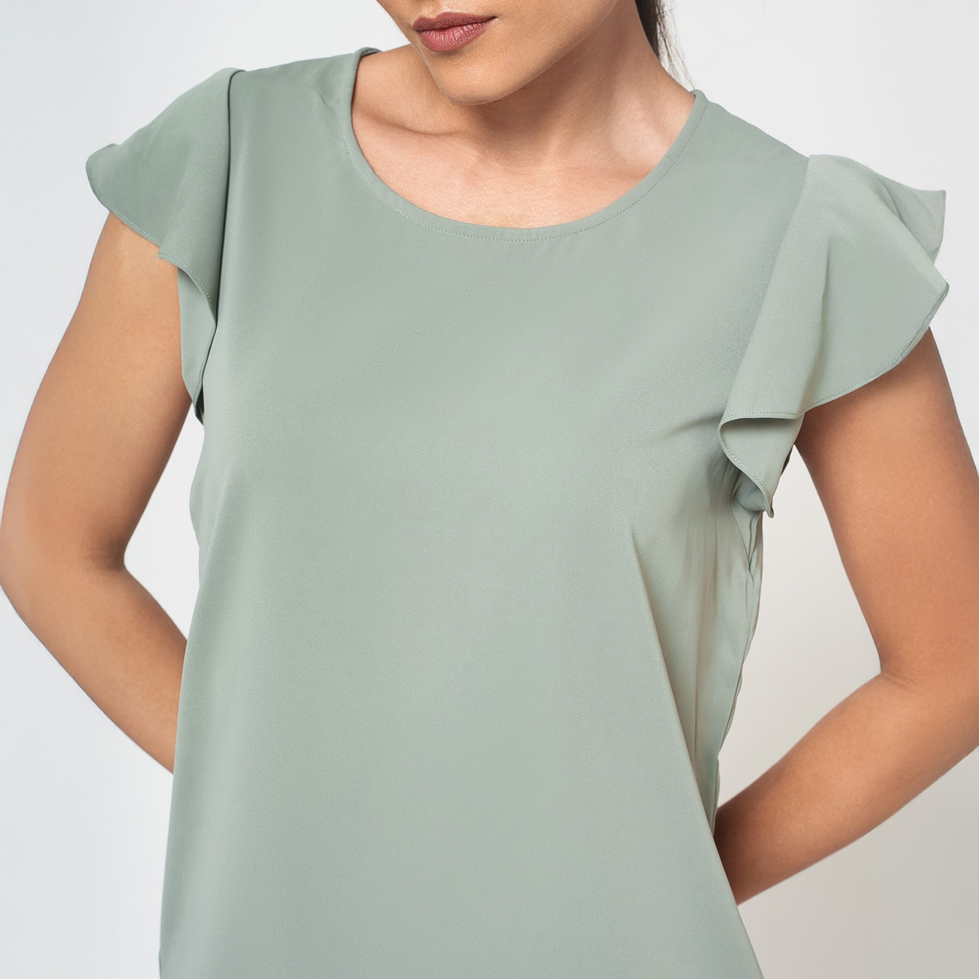 Dusty Green Top with frill on sleeve