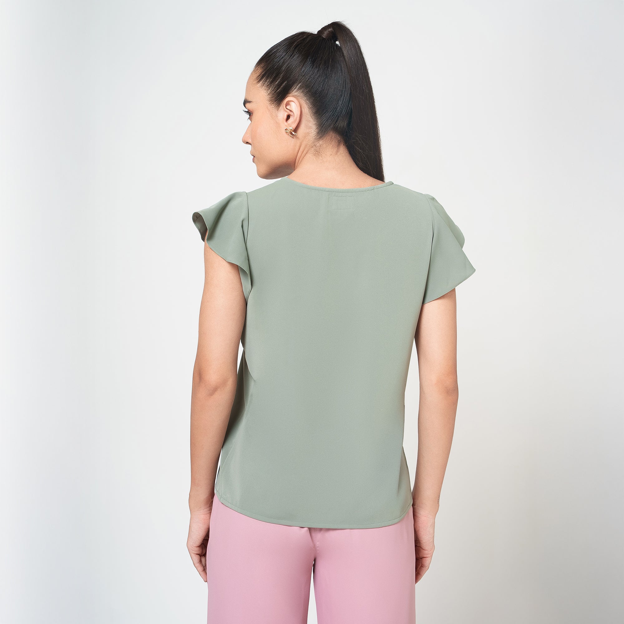Dusty Green Top with frill on sleeve