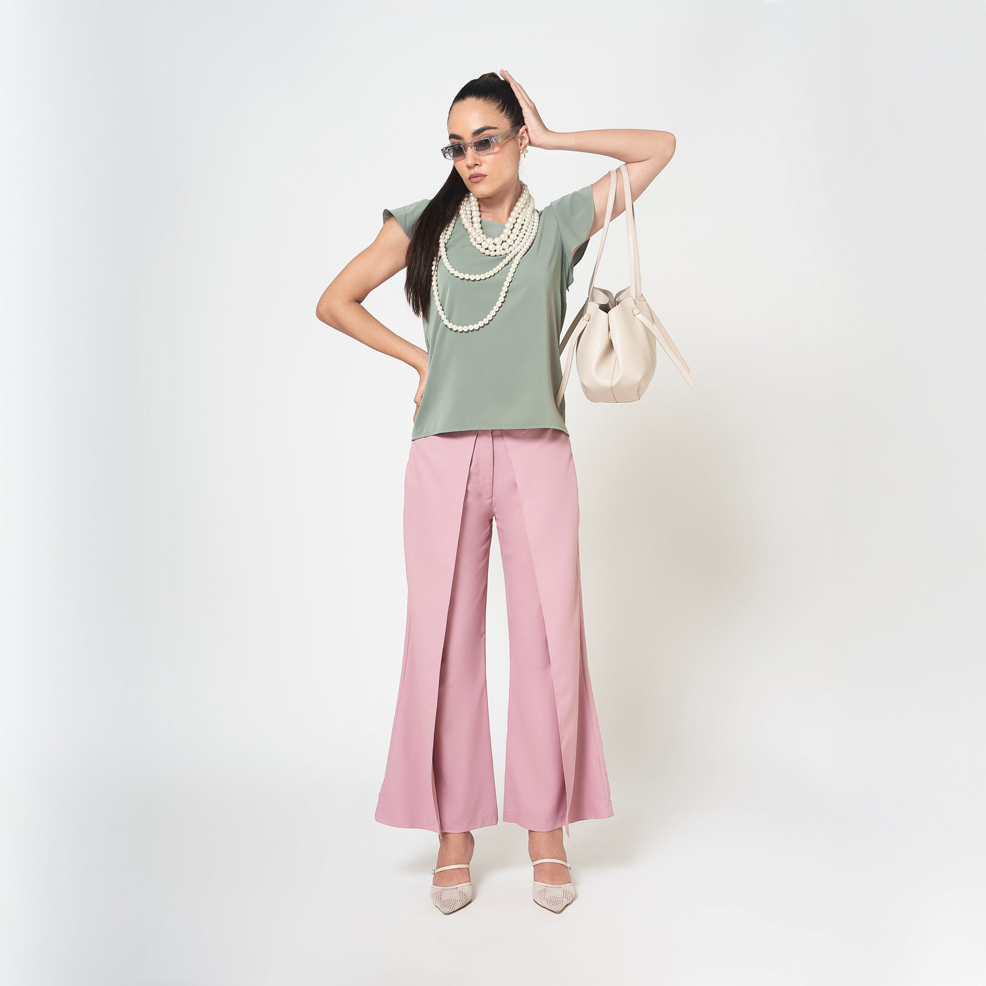 Dusty Green Top with frill on sleeve
