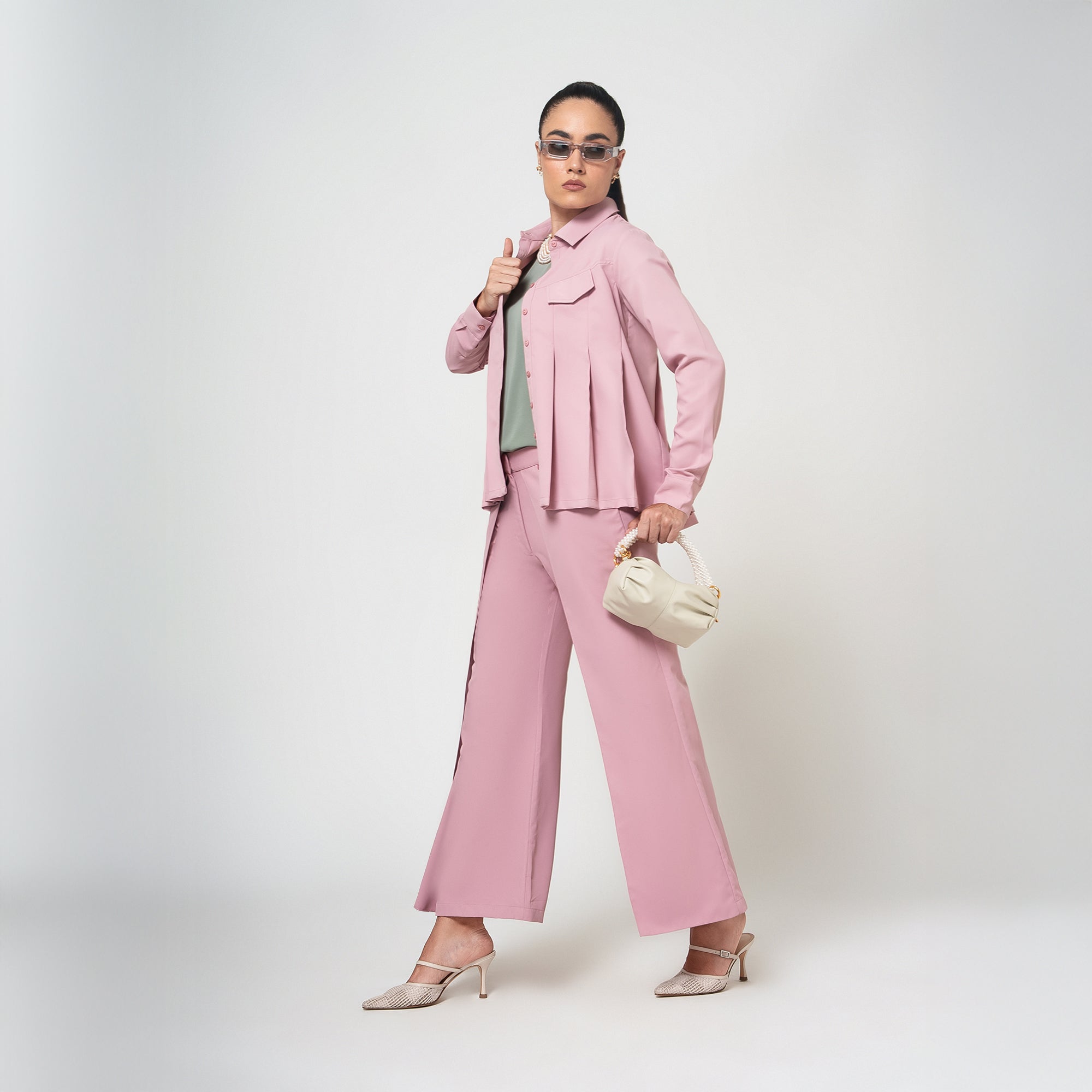 Peach Crepe Pleated Shirt