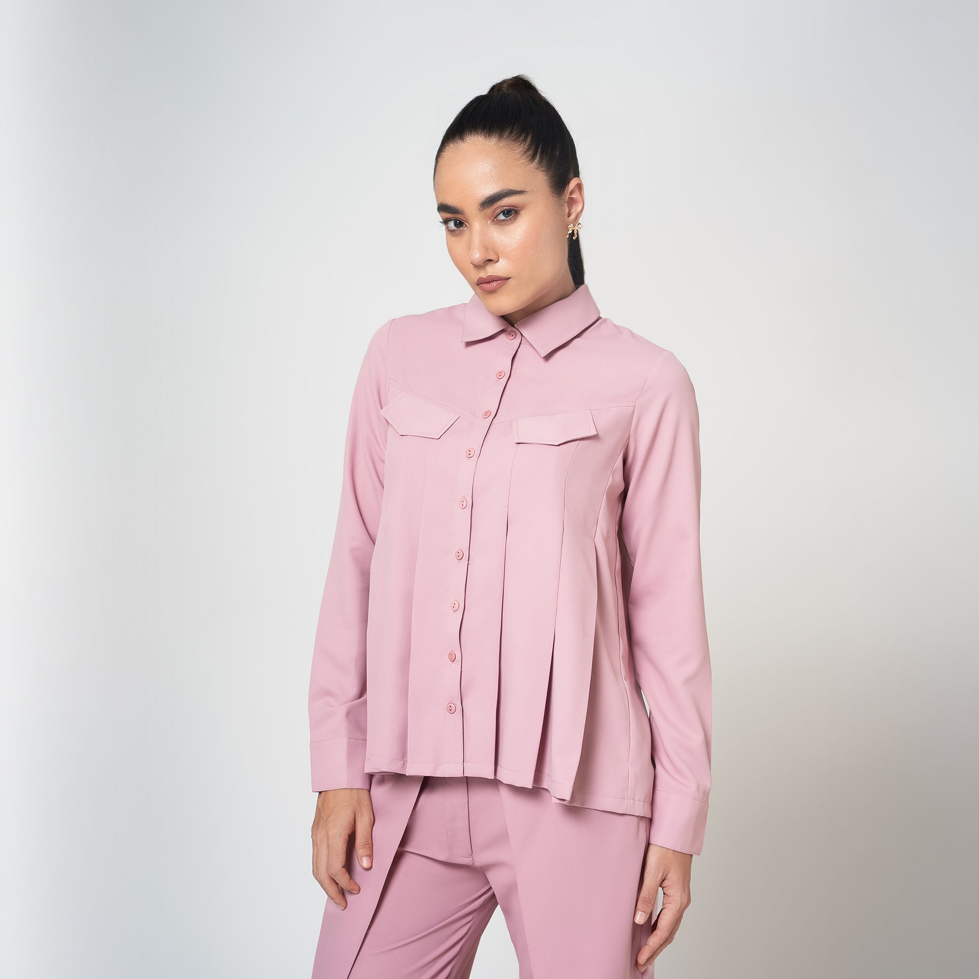 Peach Crepe Pleated Shirt