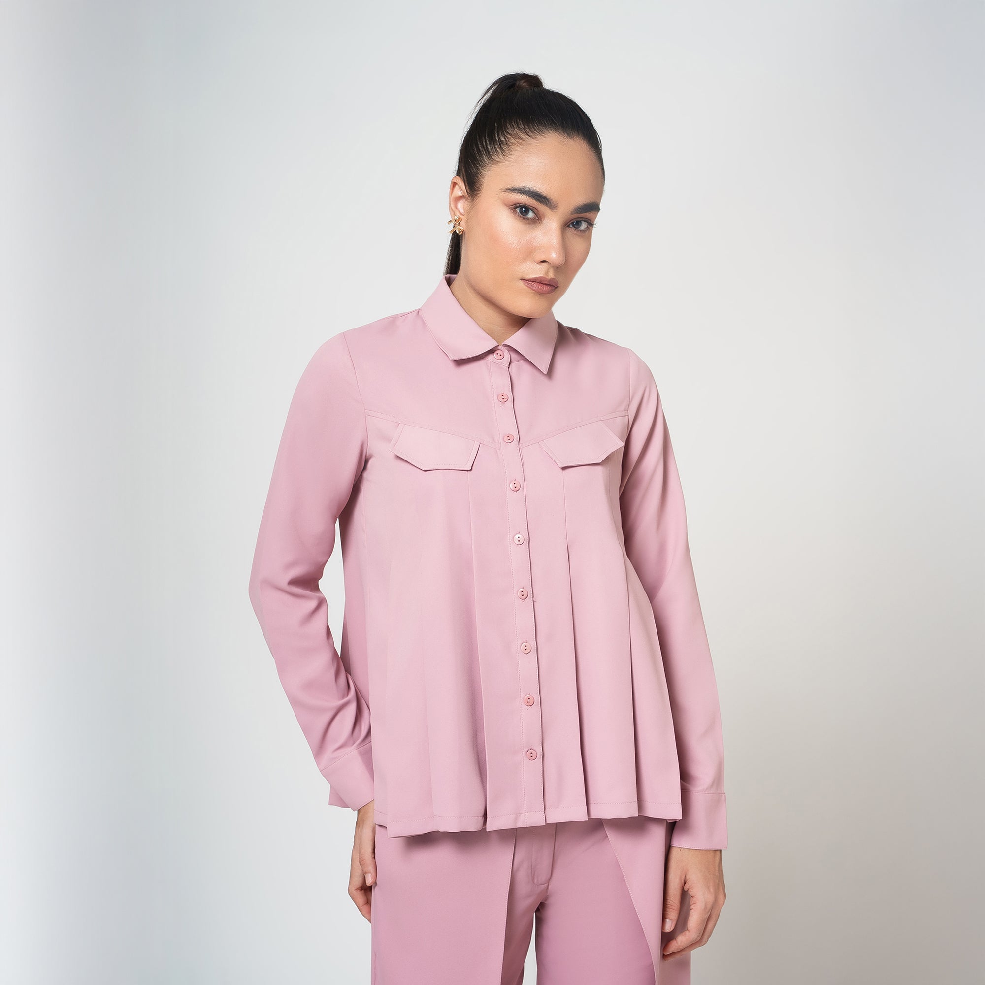 Peach Crepe Pleated Shirt