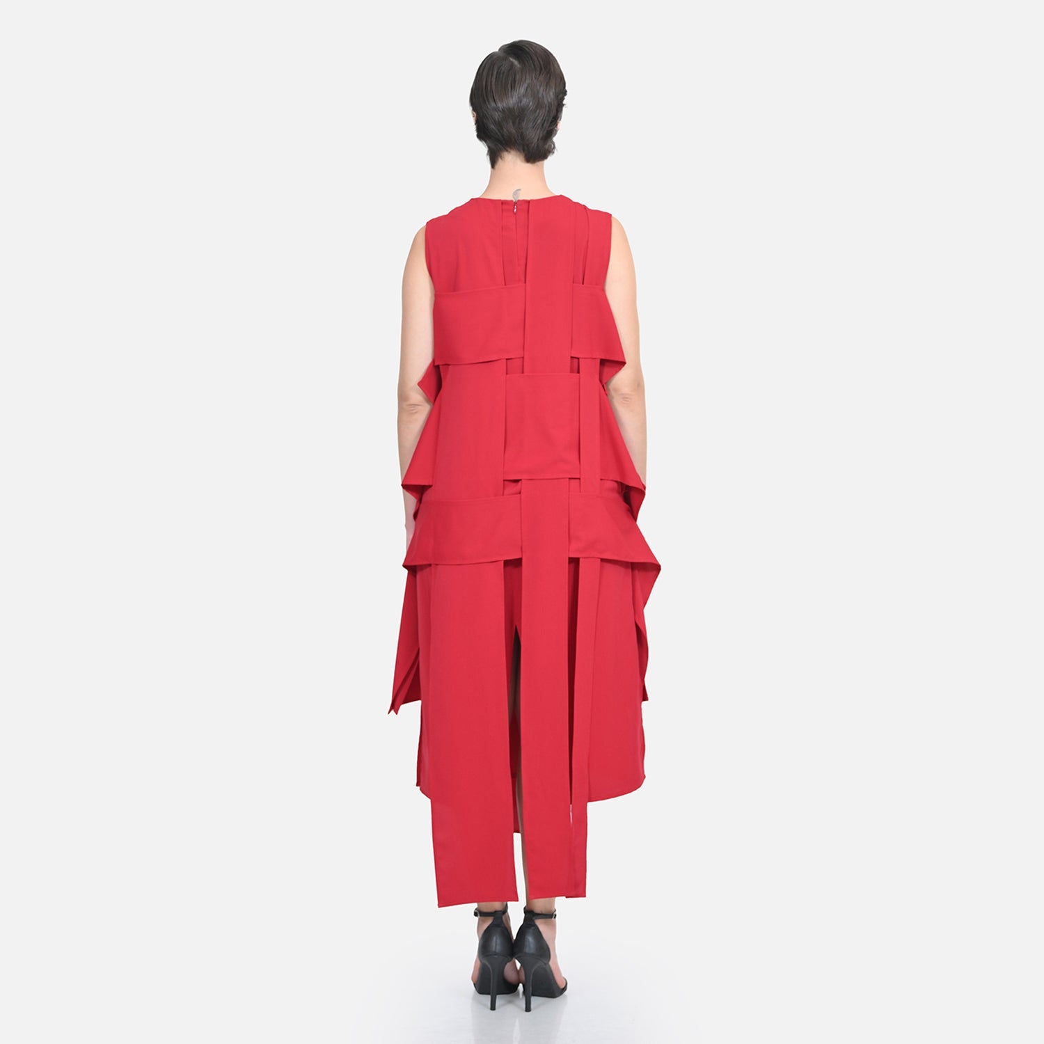 Red Crepe Flap Patch Women Dresses for Office Wear-6