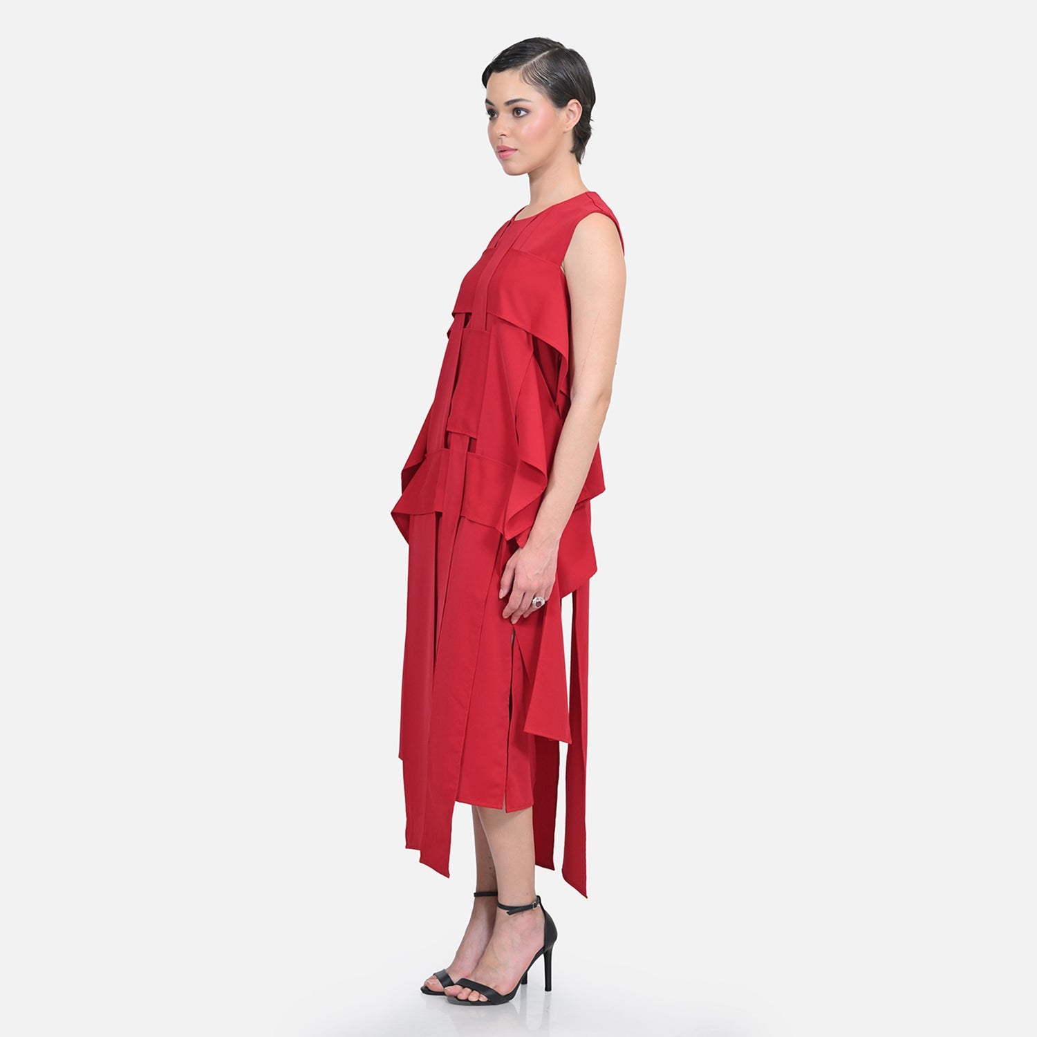 Red Crepe Flap Patch Women Dresses for Office Wear-1