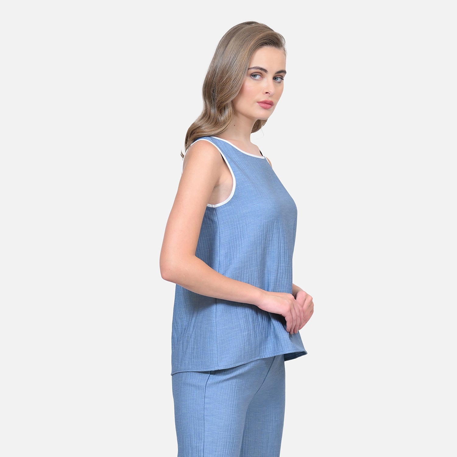 Blue Texture Line Without Sleeves Top
