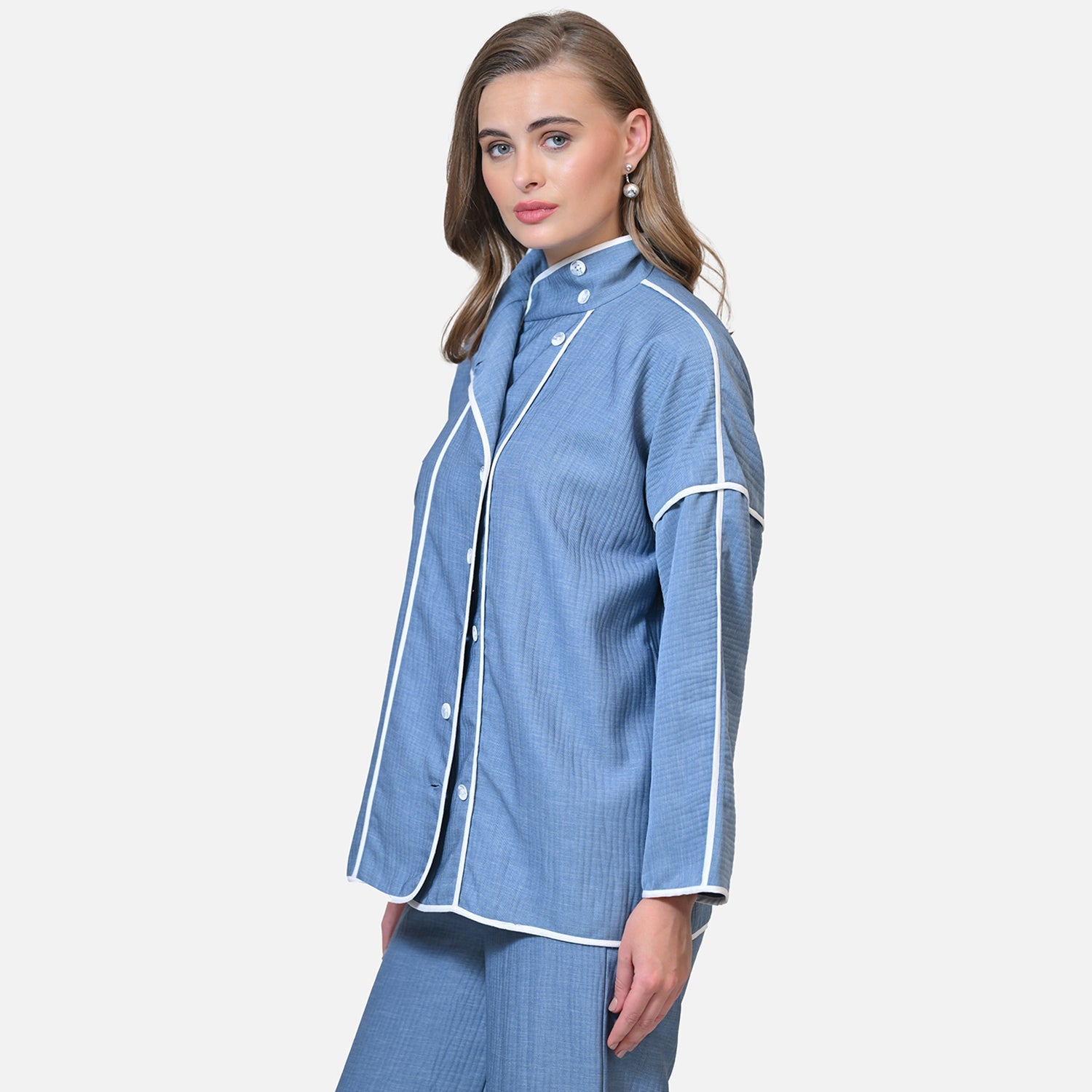 Blue Texture Line Jacket With White Piping
