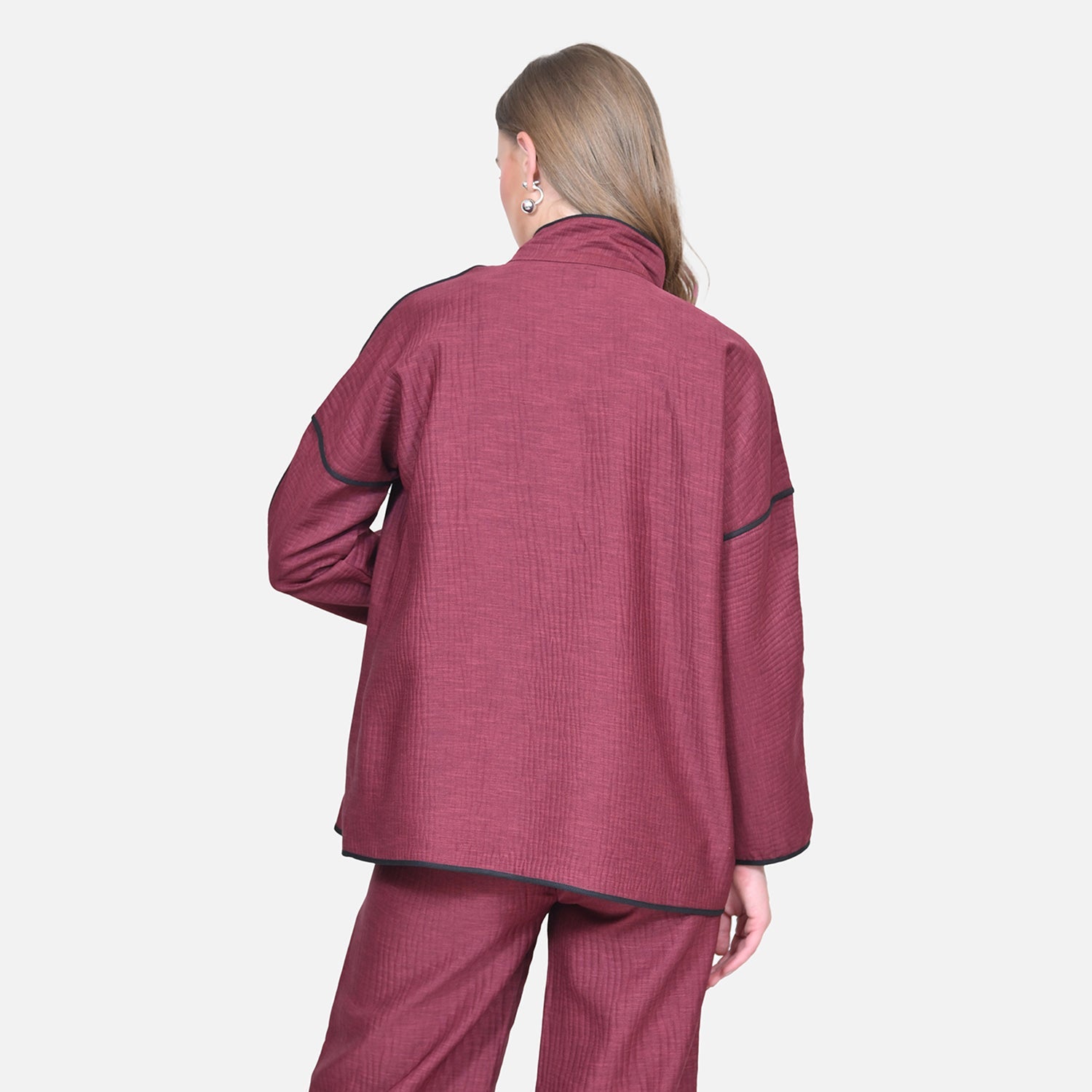 Wine Texture Line Jacket With Black Piping