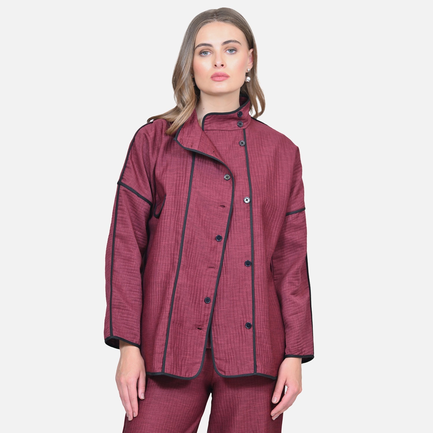 Wine Texture Line Jacket With Black Piping