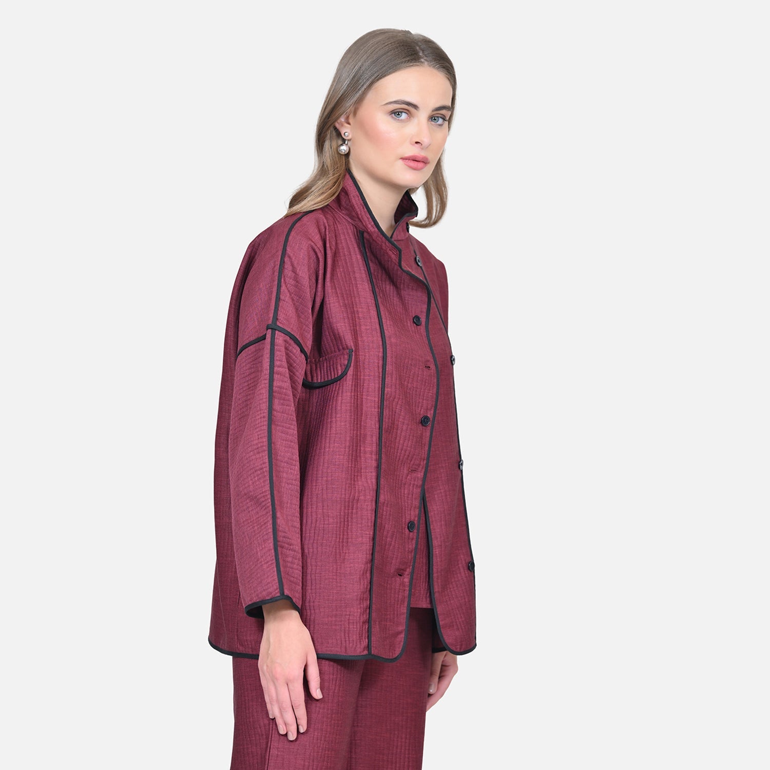 Wine Texture Line Jacket With Black Piping
