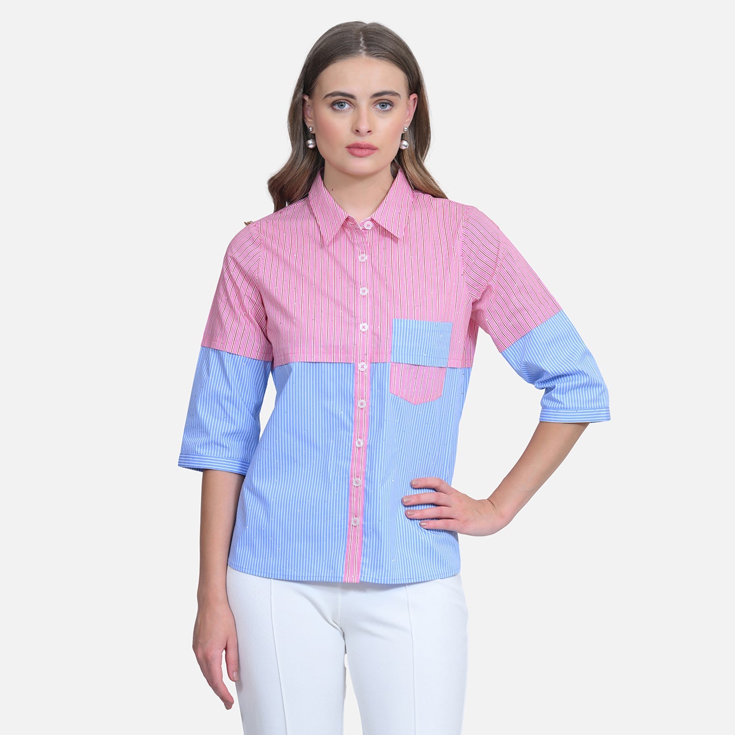 Half Pink Half Blue Shirt With Studs