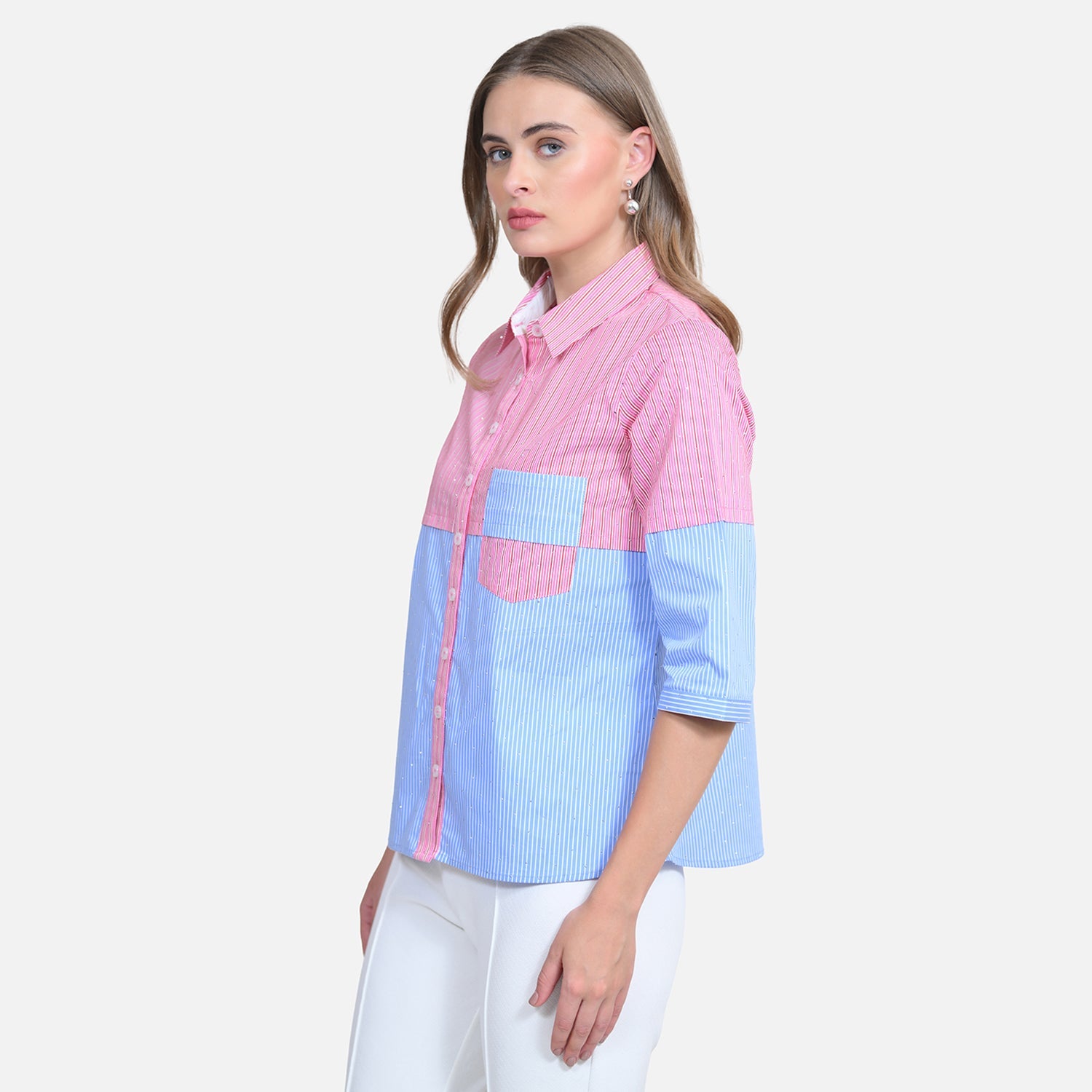 Half Pink Half Blue Shirt With Studs