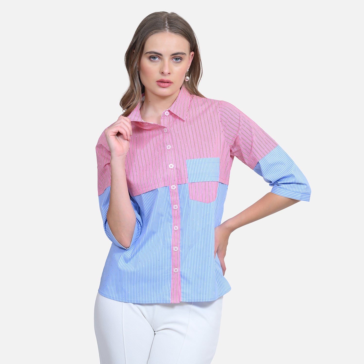 Half Pink Half Blue Shirt With Studs