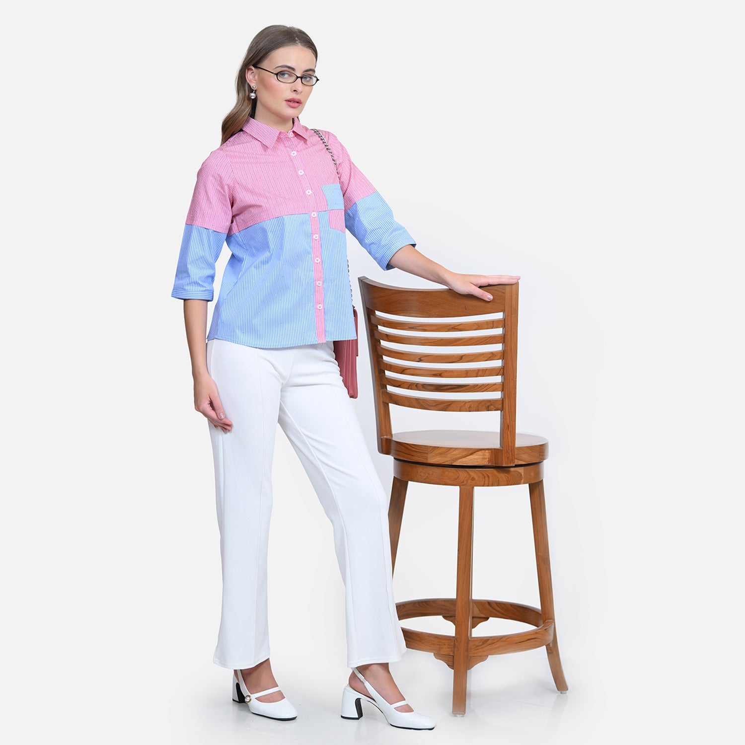 Half Pink Half Blue Shirt With Studs