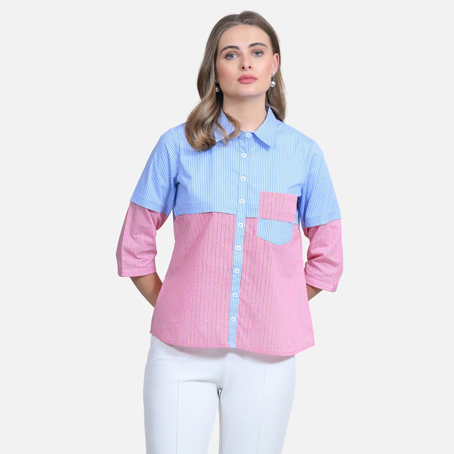 Half Blue Half Pink Shirt With Studs