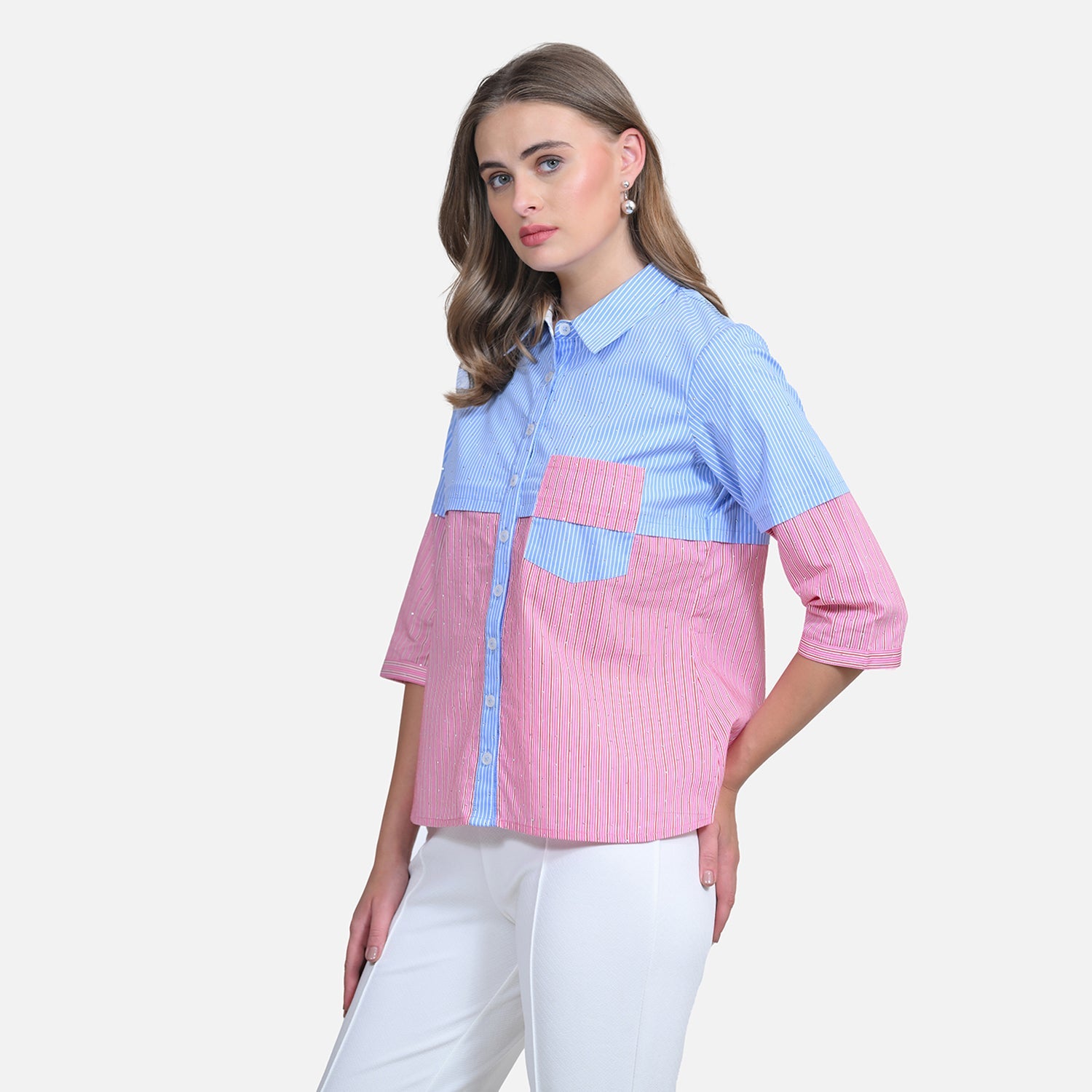 Half Blue Half Pink Shirt With Studs