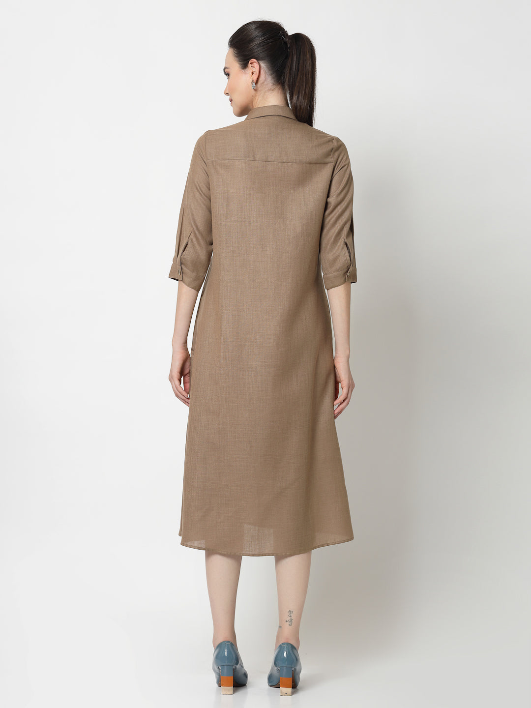 Dark Beige Cotton Pleated Long Dresses for Women-3