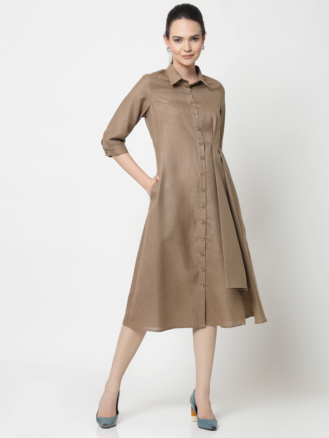 Dark Beige Cotton Pleated Long Dresses for Women-4