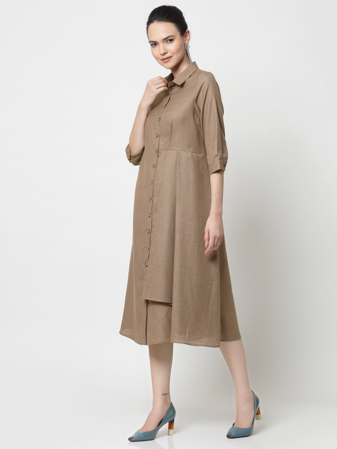 Dark Beige Cotton Pleated Long Dresses for Women-1