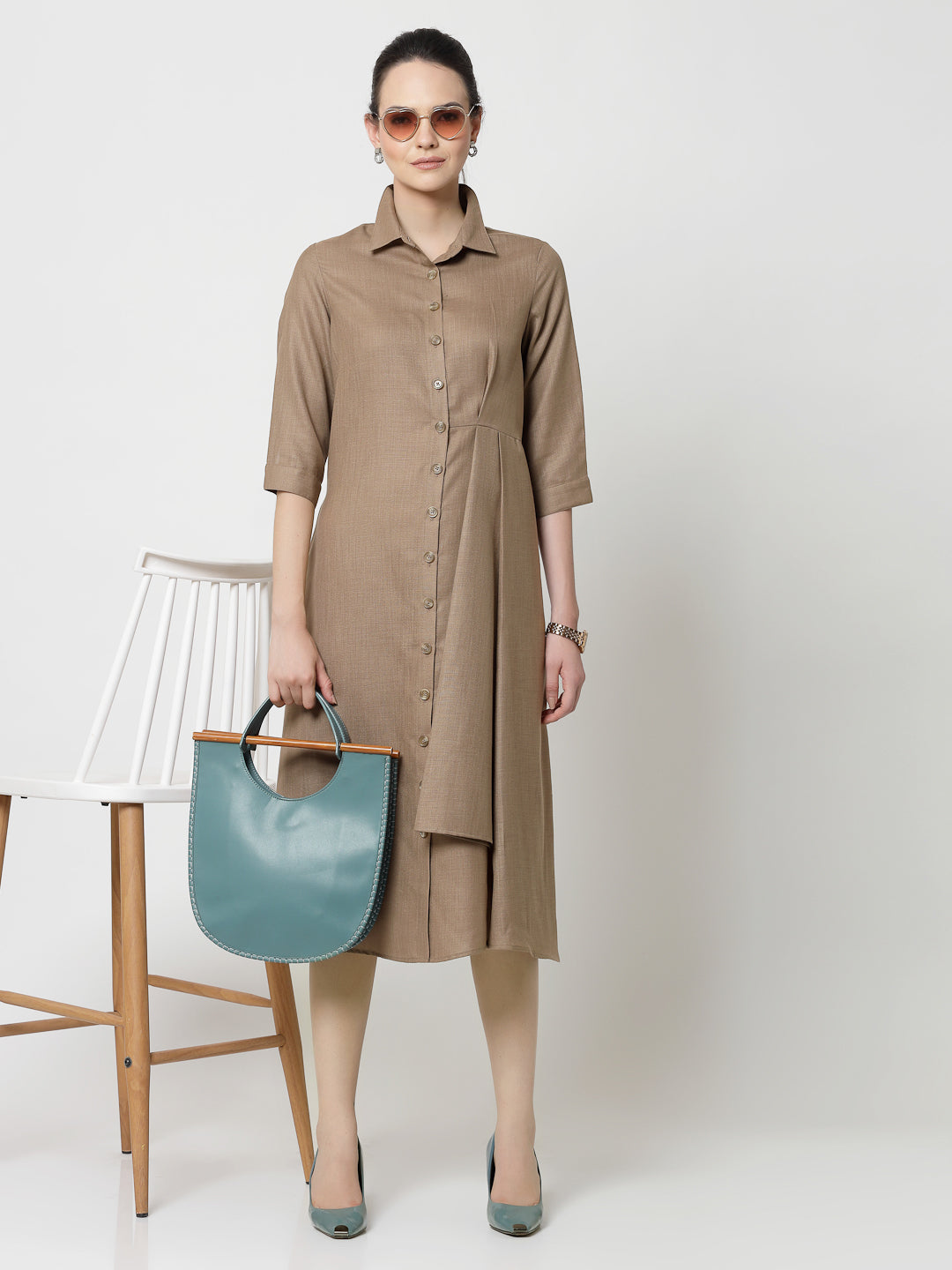 Dark Beige Cotton Pleated Long Dresses for Women