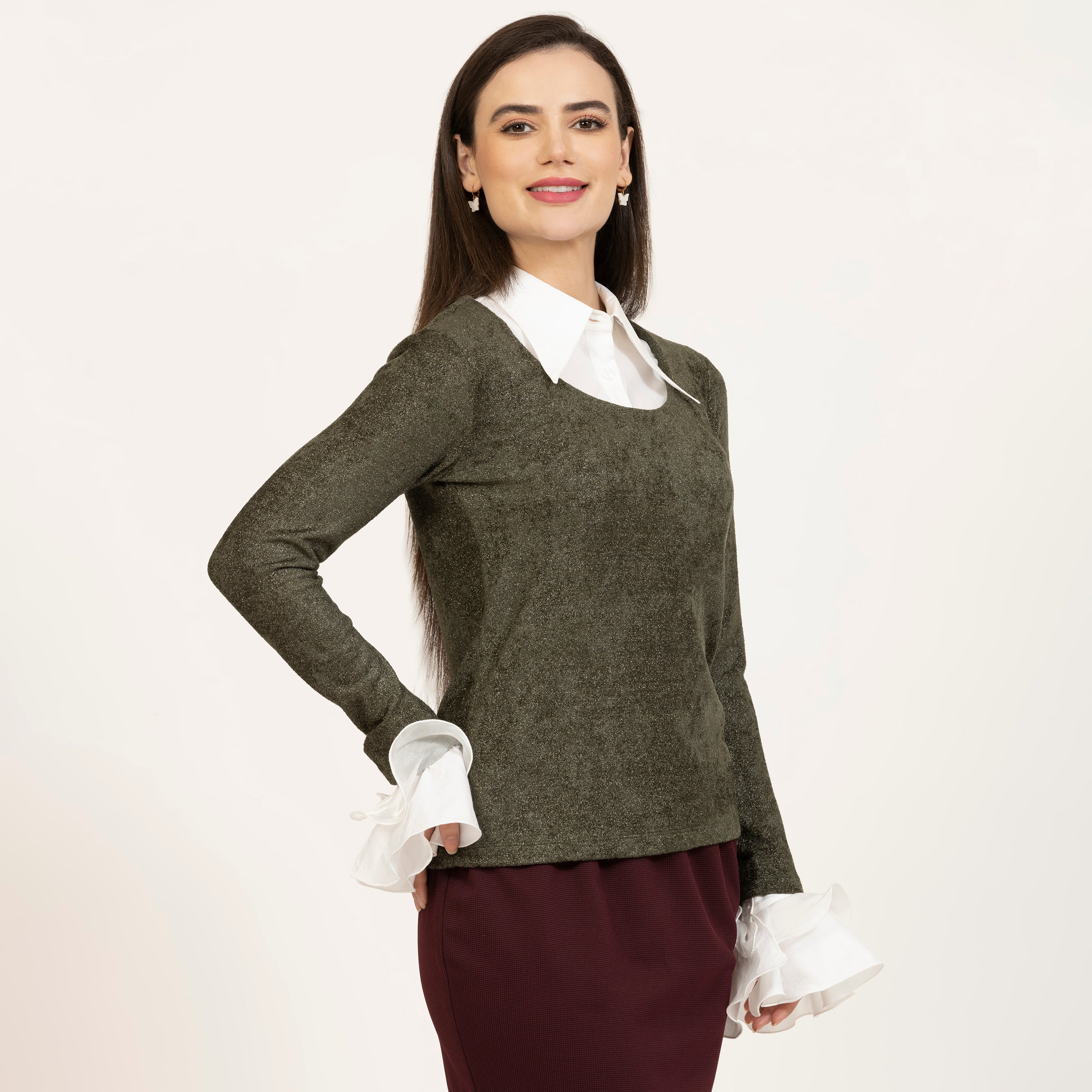 Dark Green Shimmer Velvet Top With Detachable Collar & Cuff