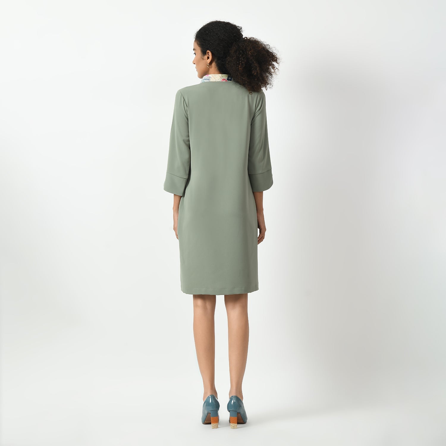 Dusty Green Dress With Tie Knot Collar, dress with tie knot, latest designer dress, dusty green dress, dress for women, stylish dress for women, one piece for women dress, office wear women