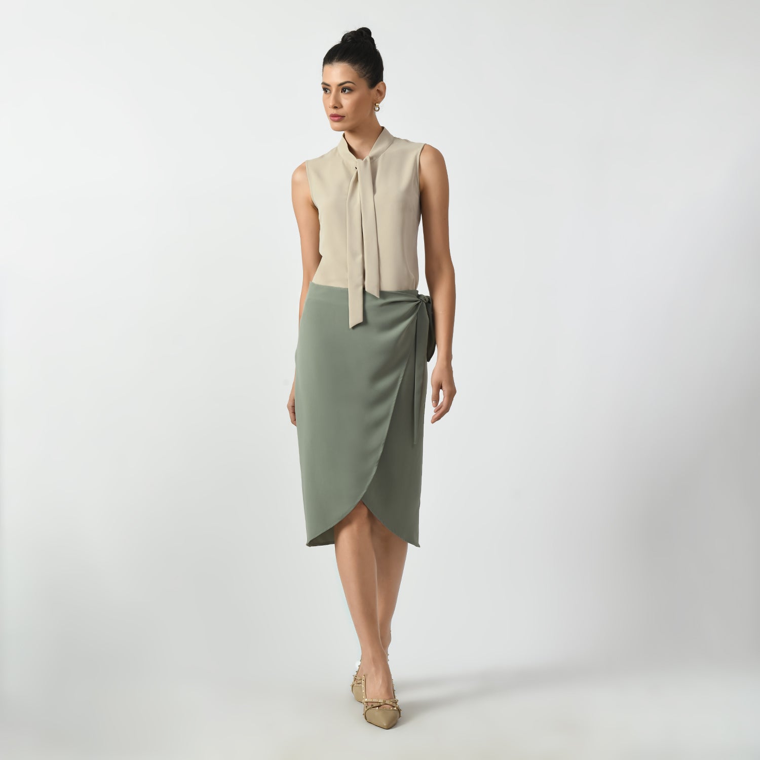 Dusty Green Overlap Skirt With Tie Knot, skirt with knot , overlap skirts, green skirts, formal frocks for work , office dresses for women, traditional office skirts , designer skirts for work