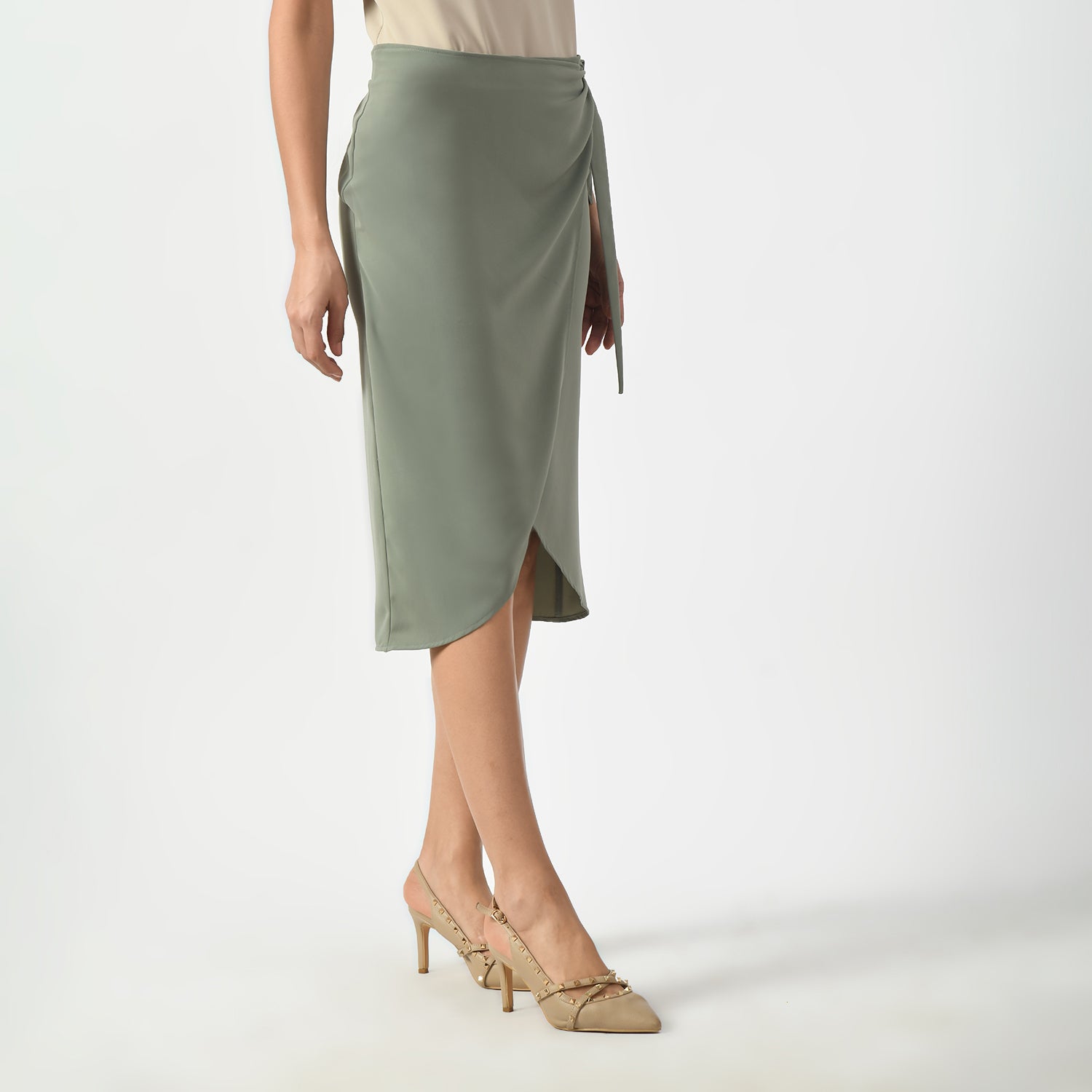 Dusty Green Overlap Skirt With Tie Knot, skirt with knot , overlap skirts, green skirts, formal frocks for work , office dresses for women, traditional office skirts , designer skirts for work