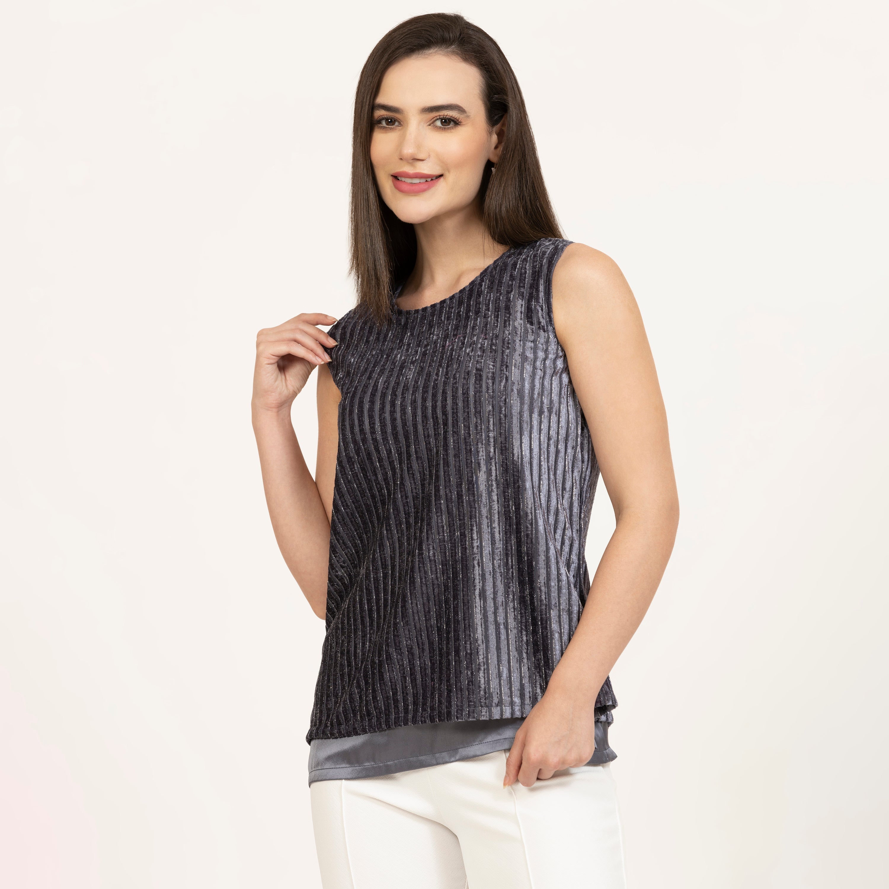Grey Double Layer Velvet Top, Trendy Workwear Tops ,Tops to Elevate work look, Classic Office tops, grey tops, souble layer tops, velvet tops, double layer velvert tops