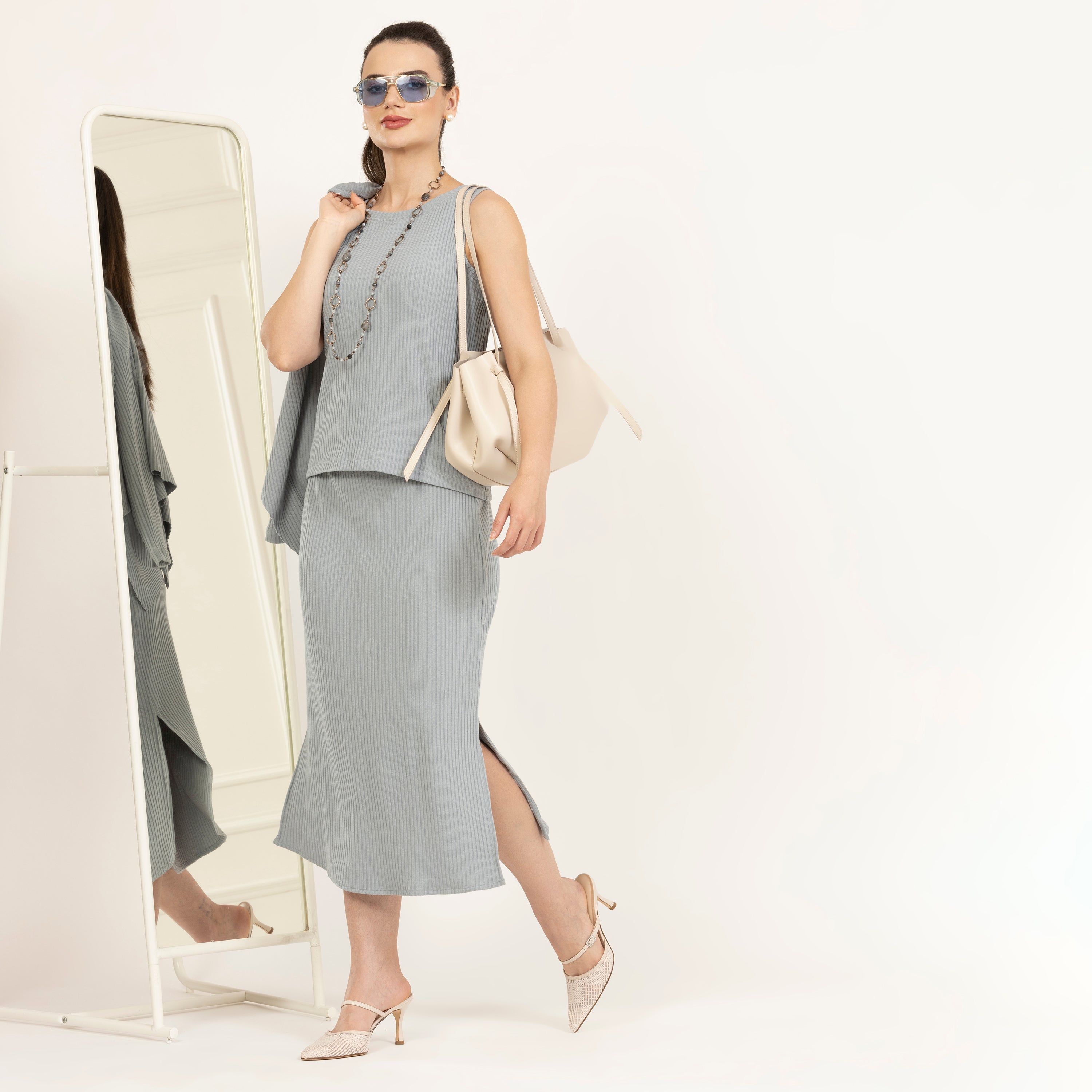 Grey Ribbed Sleeveless Top for Women Office Wear