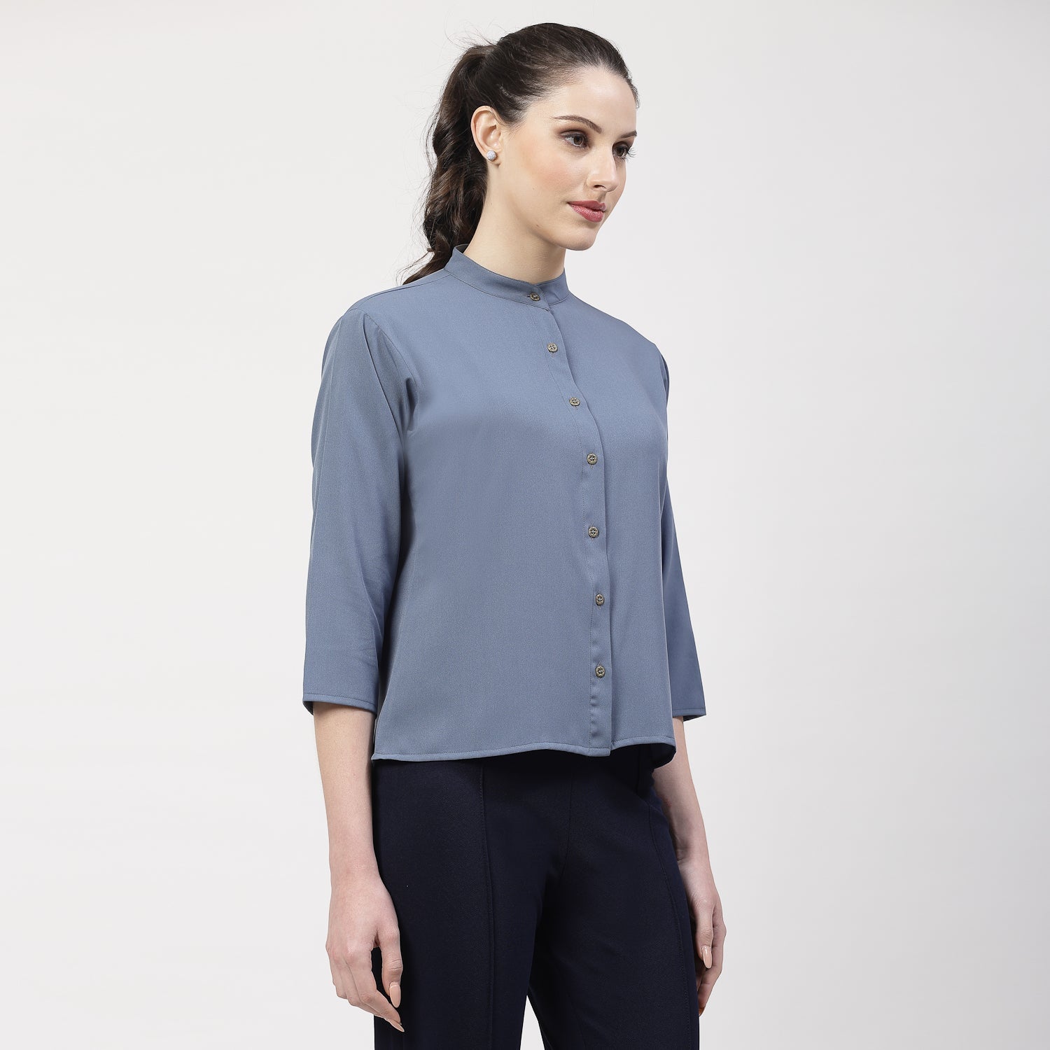Blue Top With Mandarin Collar