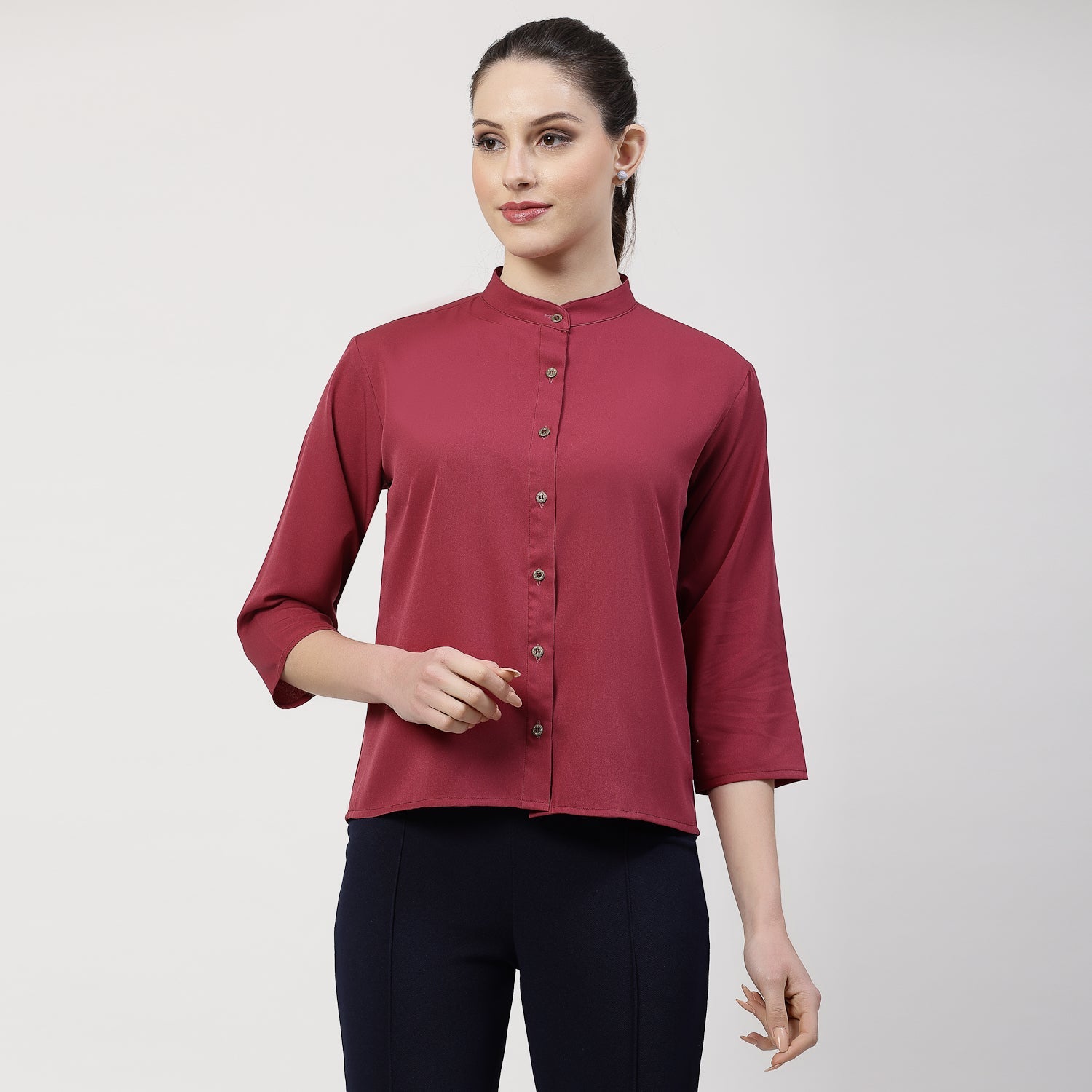 Wine Crepe Top With Mandarin Collar