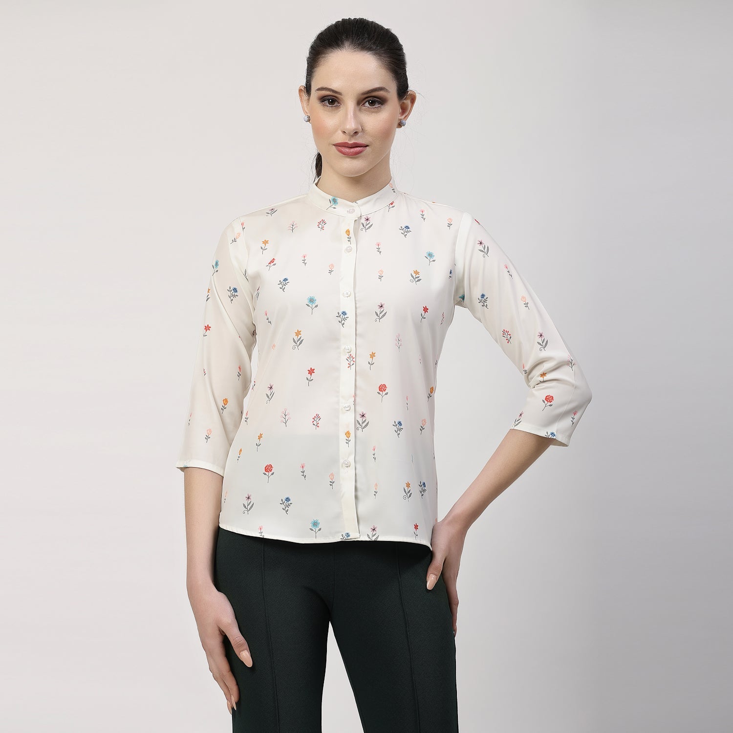 Cream Floral Printed Shirt With Mandarin Collar