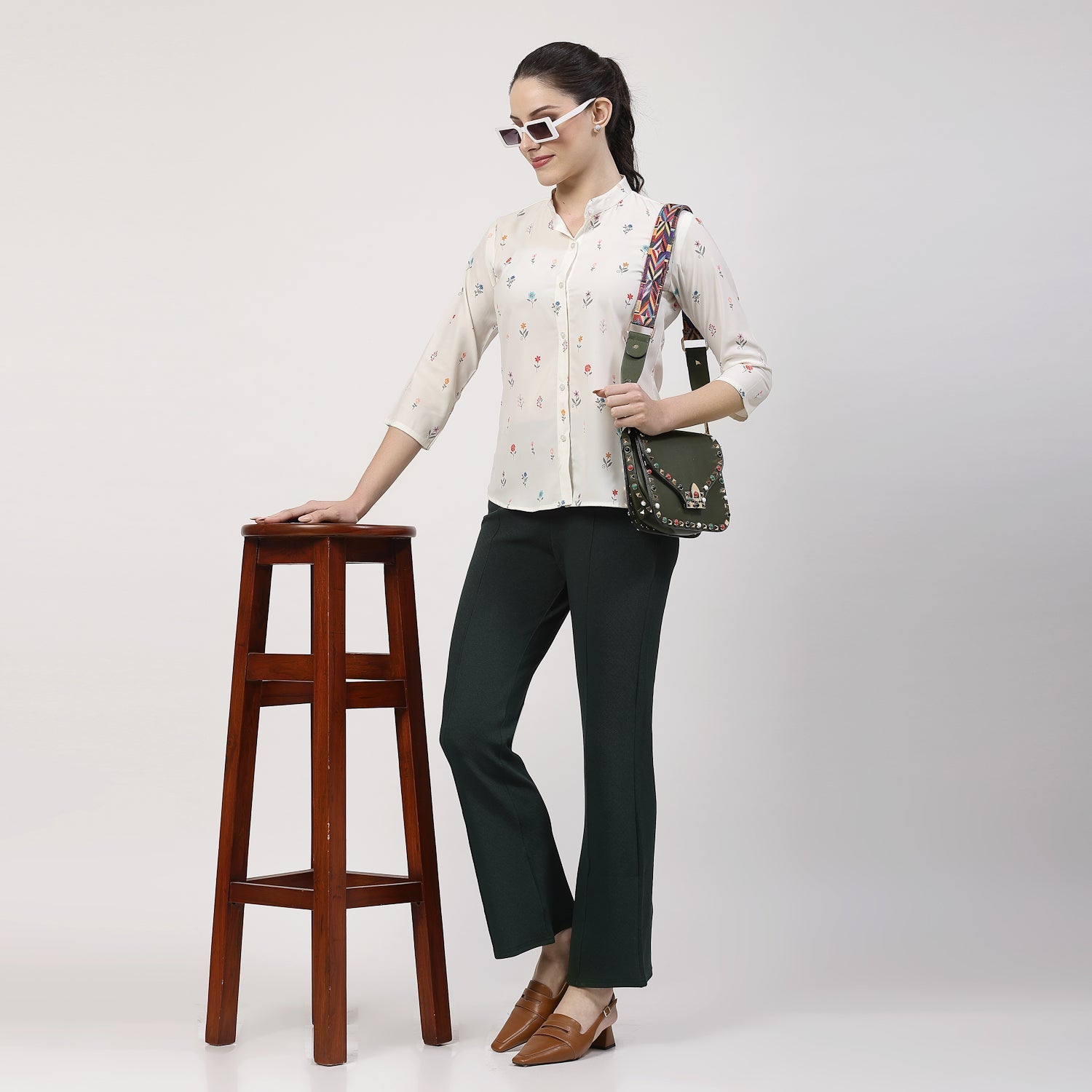 Cream Floral Printed Shirt With Mandarin Collar