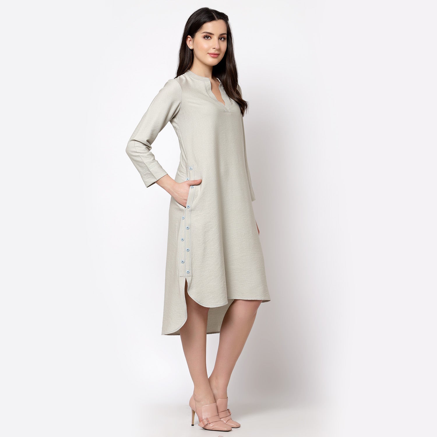 Grey Linen Kurta Style Tunic With Buttons