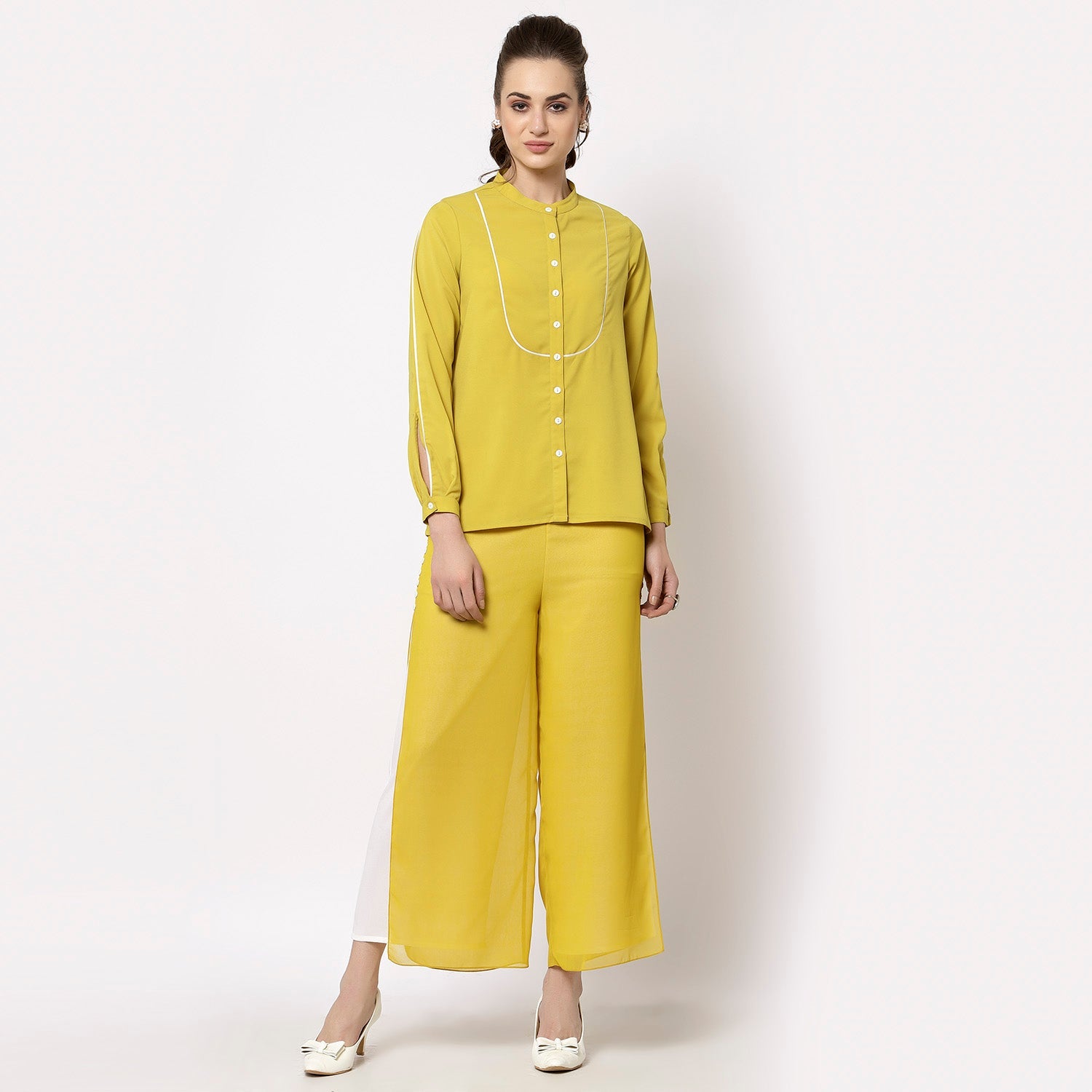 Yellow White Crepe Georgette Plazzo With Slit