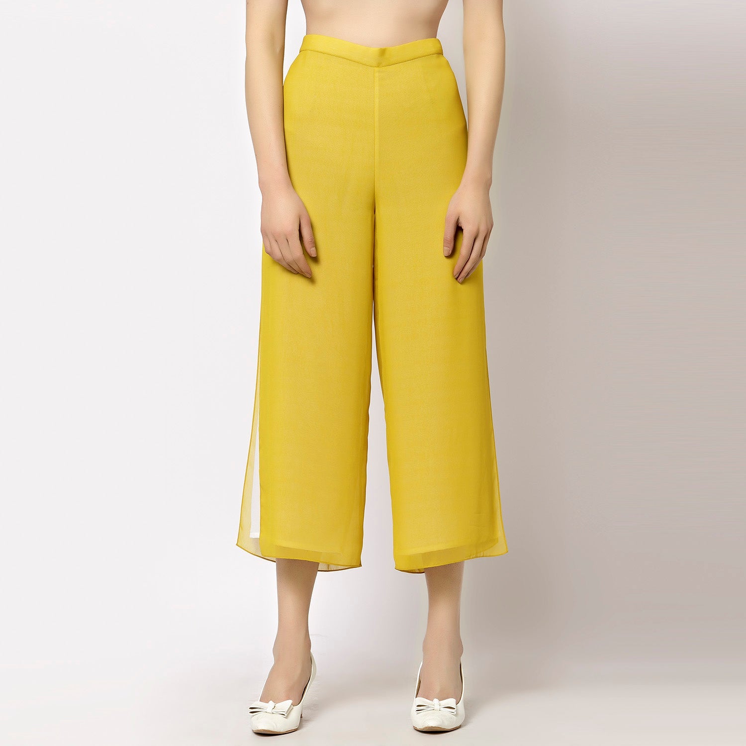 Yellow White Crepe Georgette Plazzo With Slit