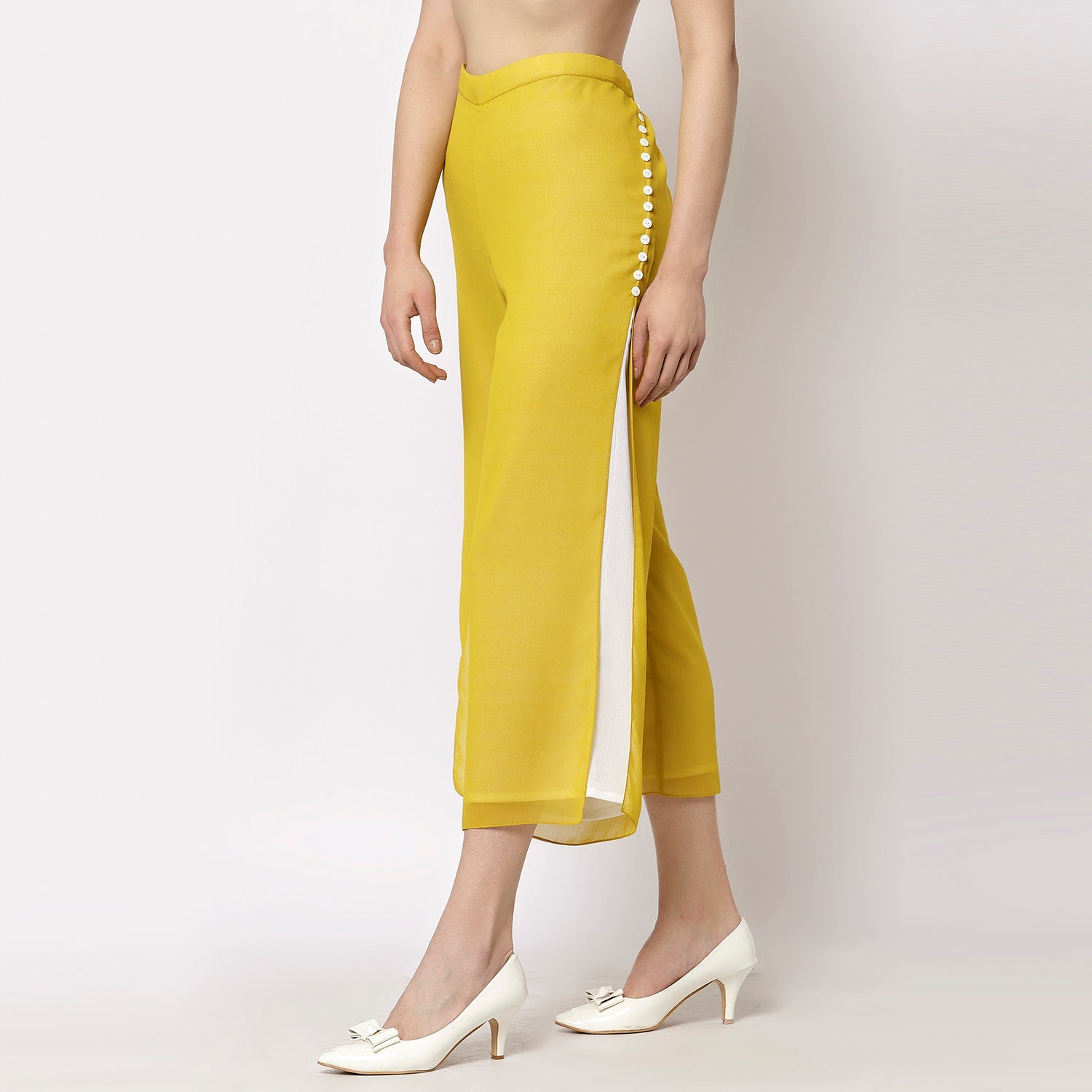 Yellow White Crepe Georgette Plazzo With Slit