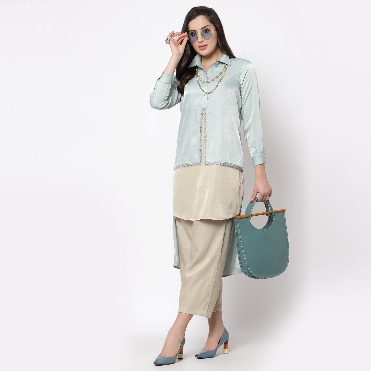Blue and Beige Double Layer Tunic for Women