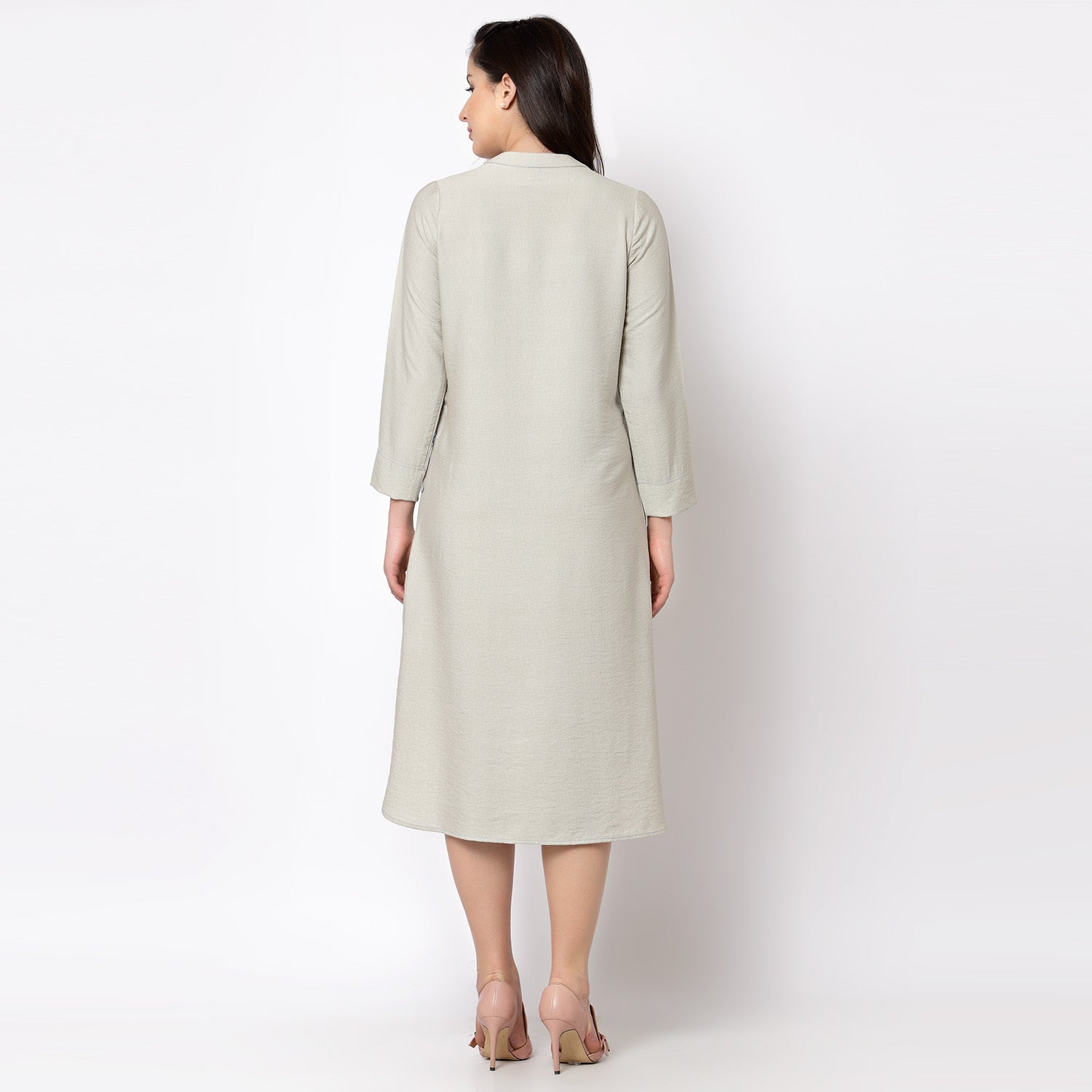 Grey Linen Kurta Style Tunic With Buttons