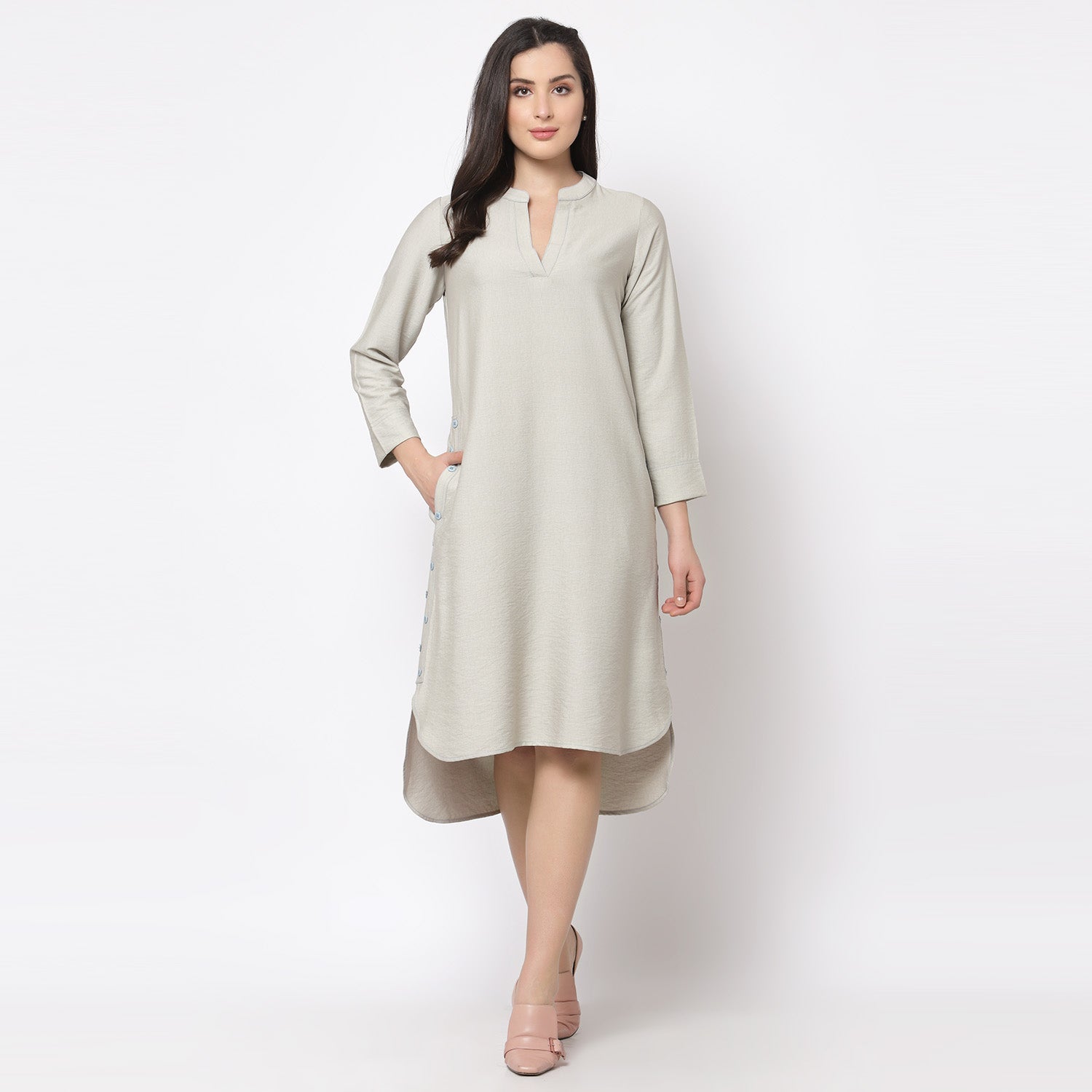 Grey Linen Kurta Style Tunic With Buttons