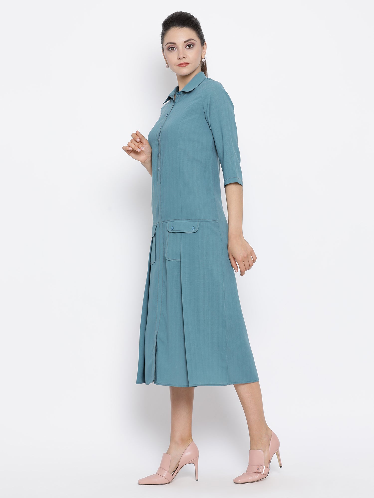 Teal Dresses for Women with Flap Pocket-2